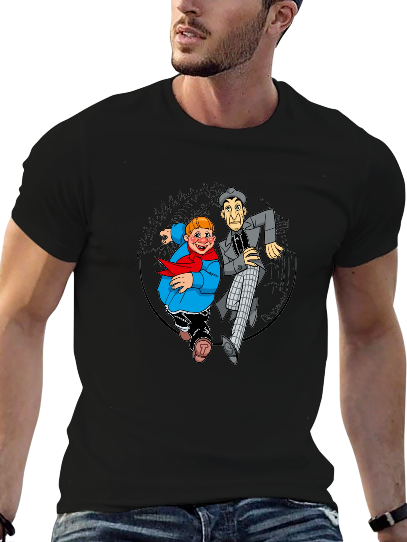 Cartoon Duo Graphic T-Shirt - Black Crew Neck