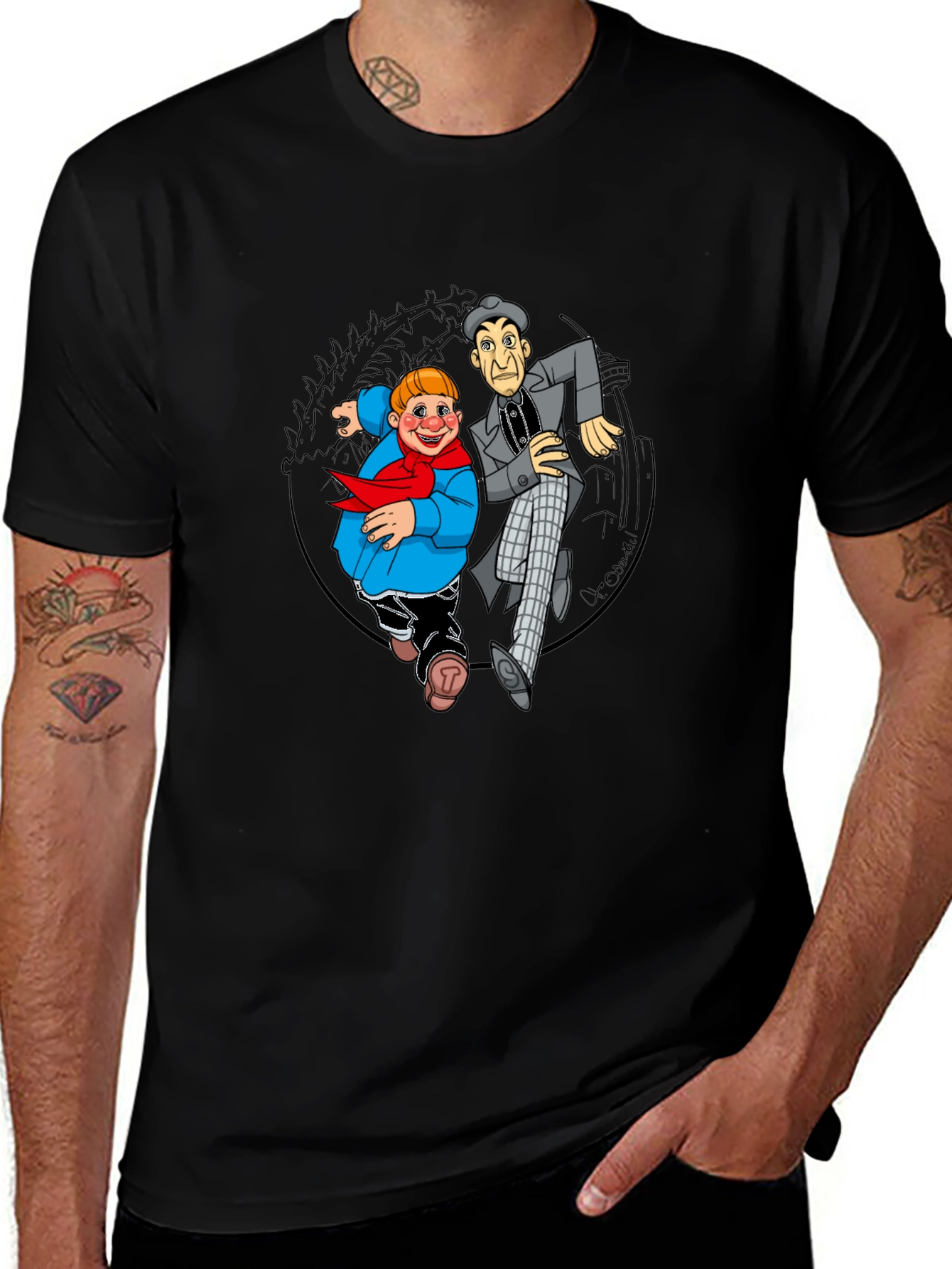 Cartoon Duo Graphic T-Shirt - Black Crew Neck