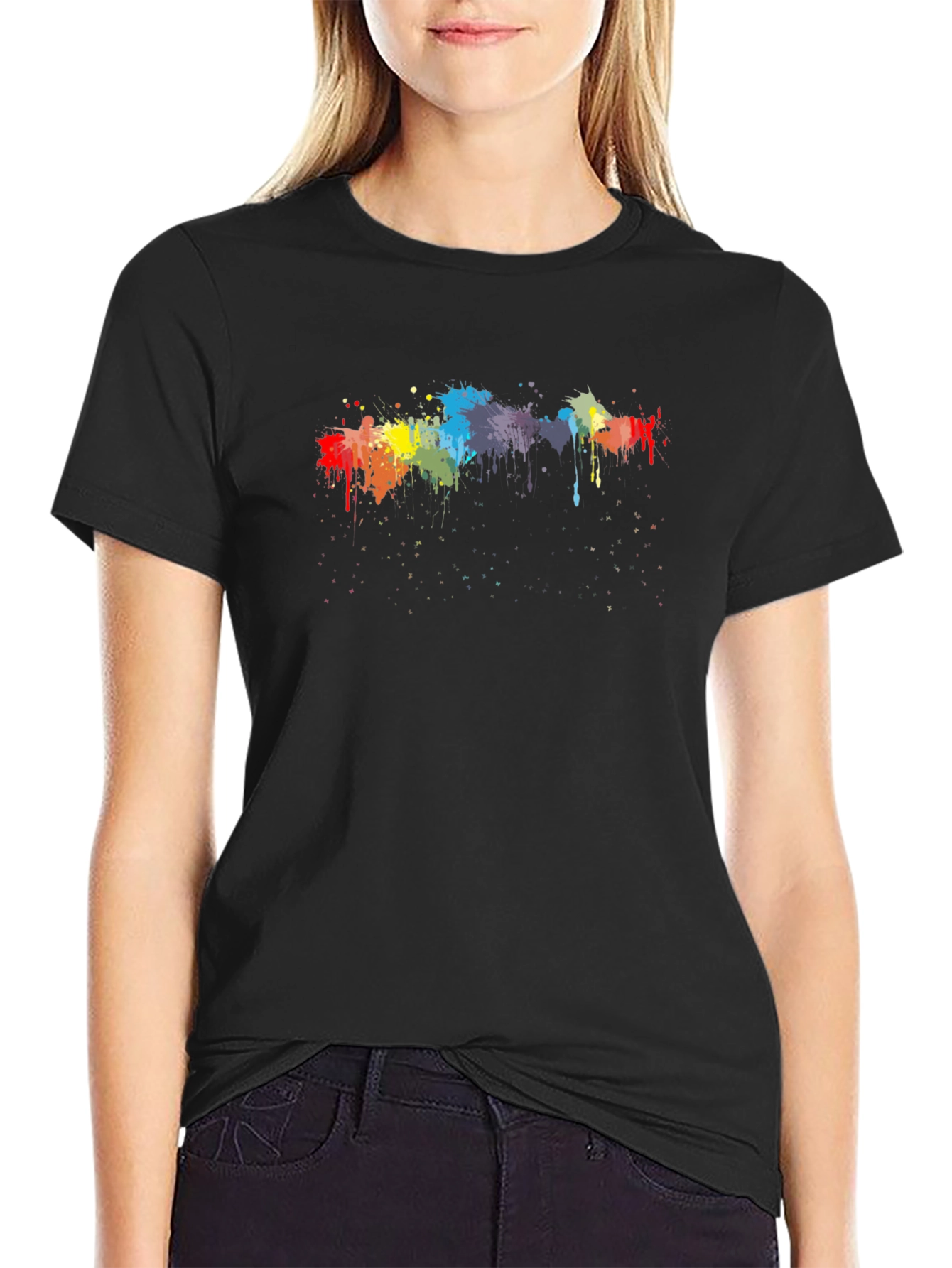 Rainbow Paint Splatter Graphic Black T-Shirt