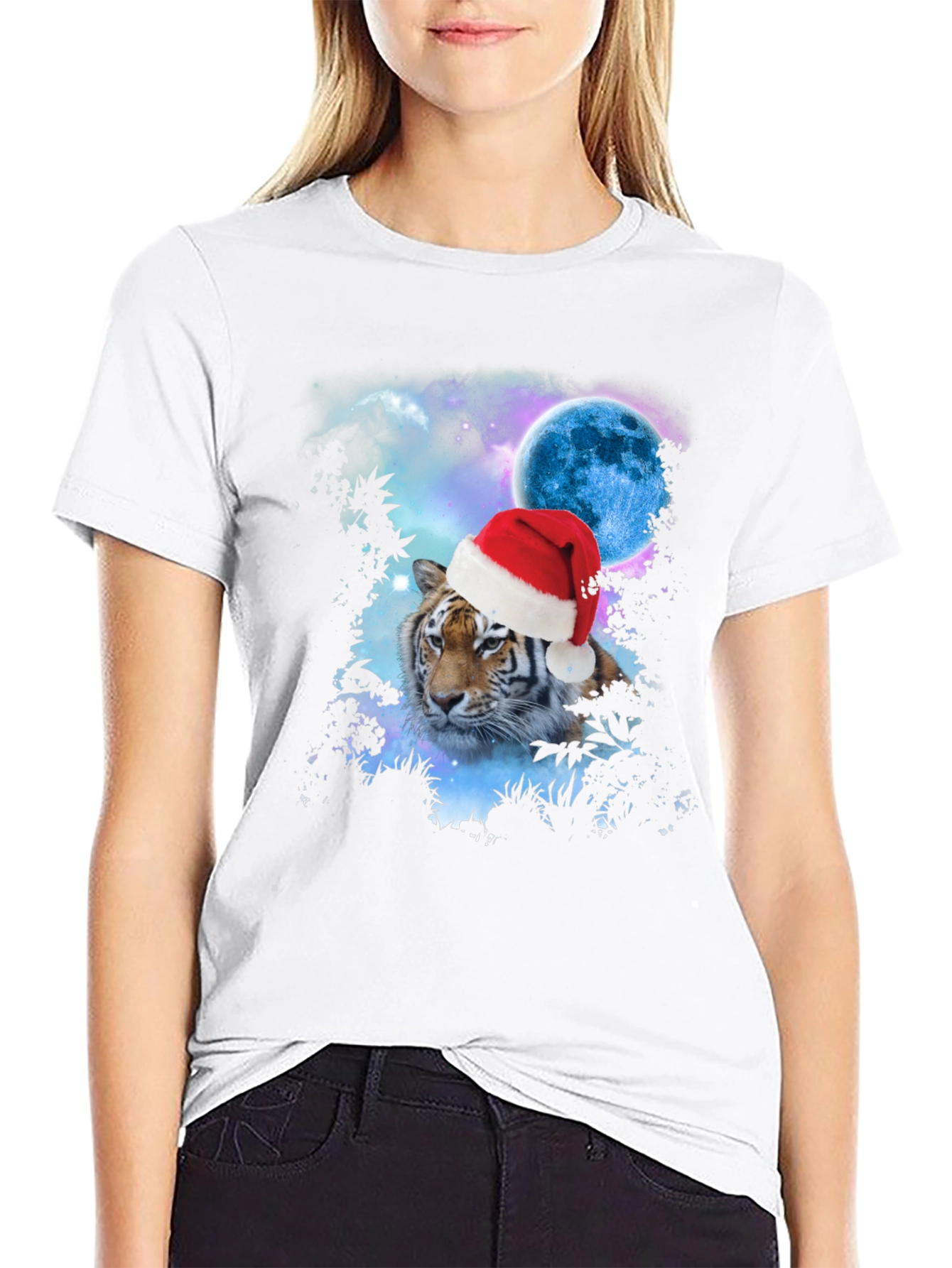 Tiger Santa Hat Galaxy Black T-Shirt