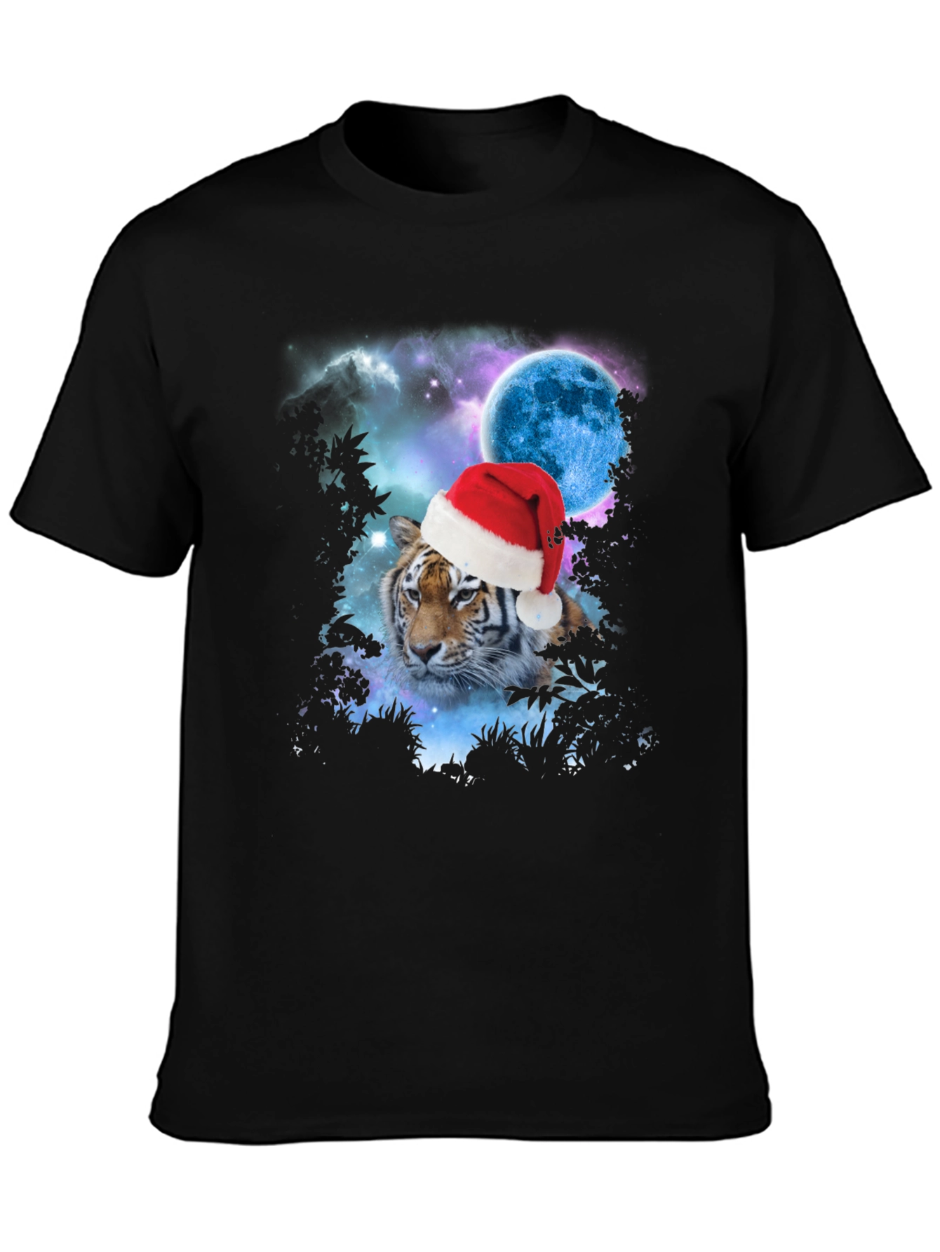 Tiger Santa Hat Galaxy Black T-Shirt