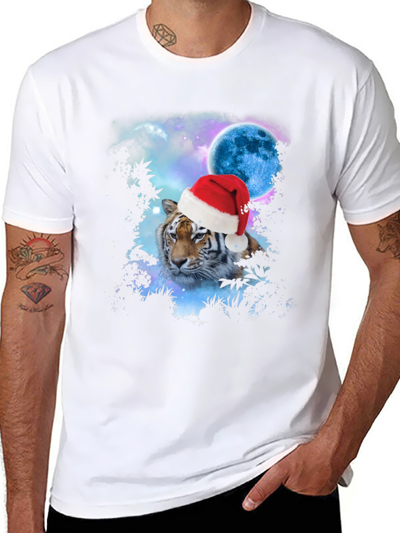 Tiger Santa Hat Galaxy Black T-Shirt
