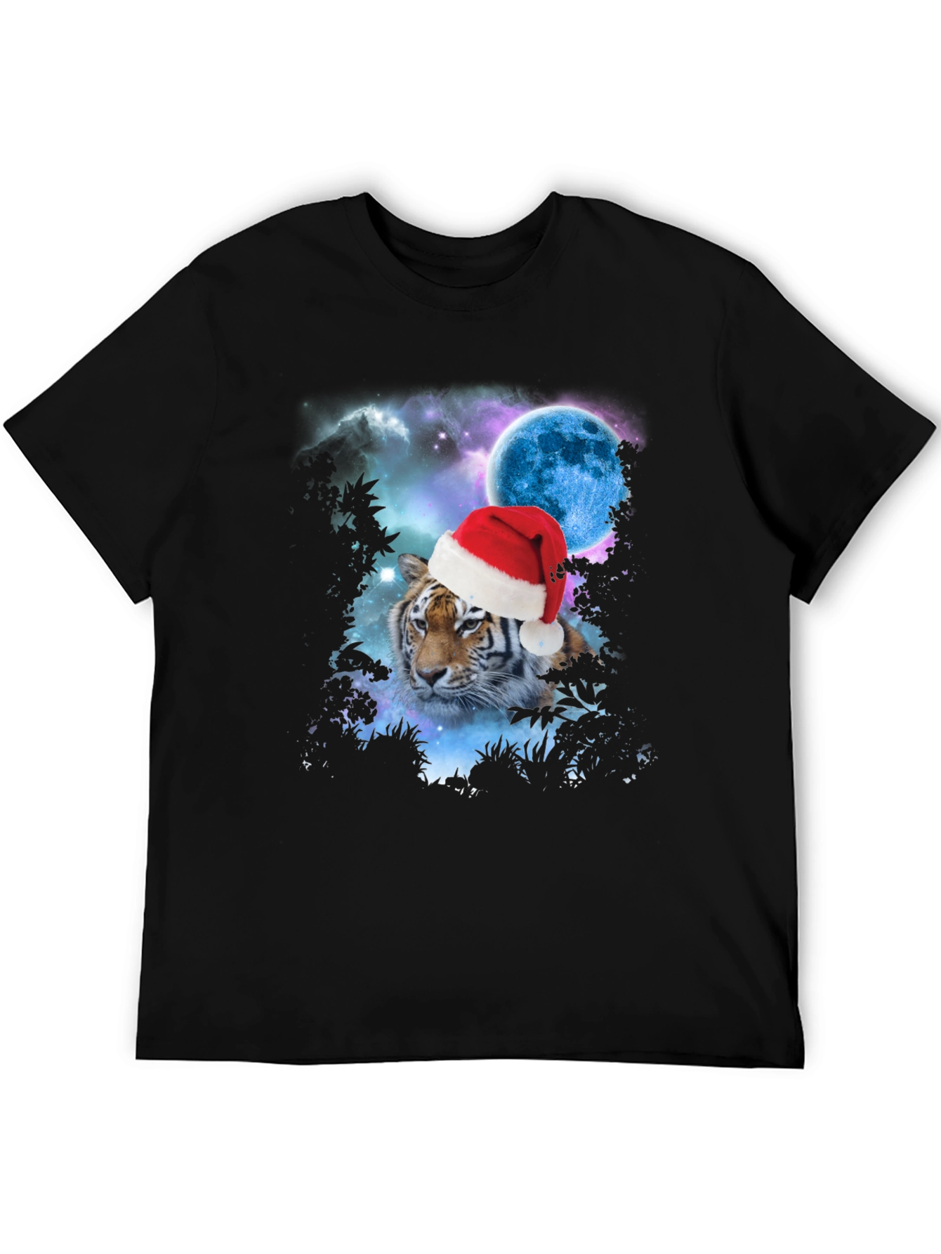 Tiger Santa Hat Galaxy Black T-Shirt