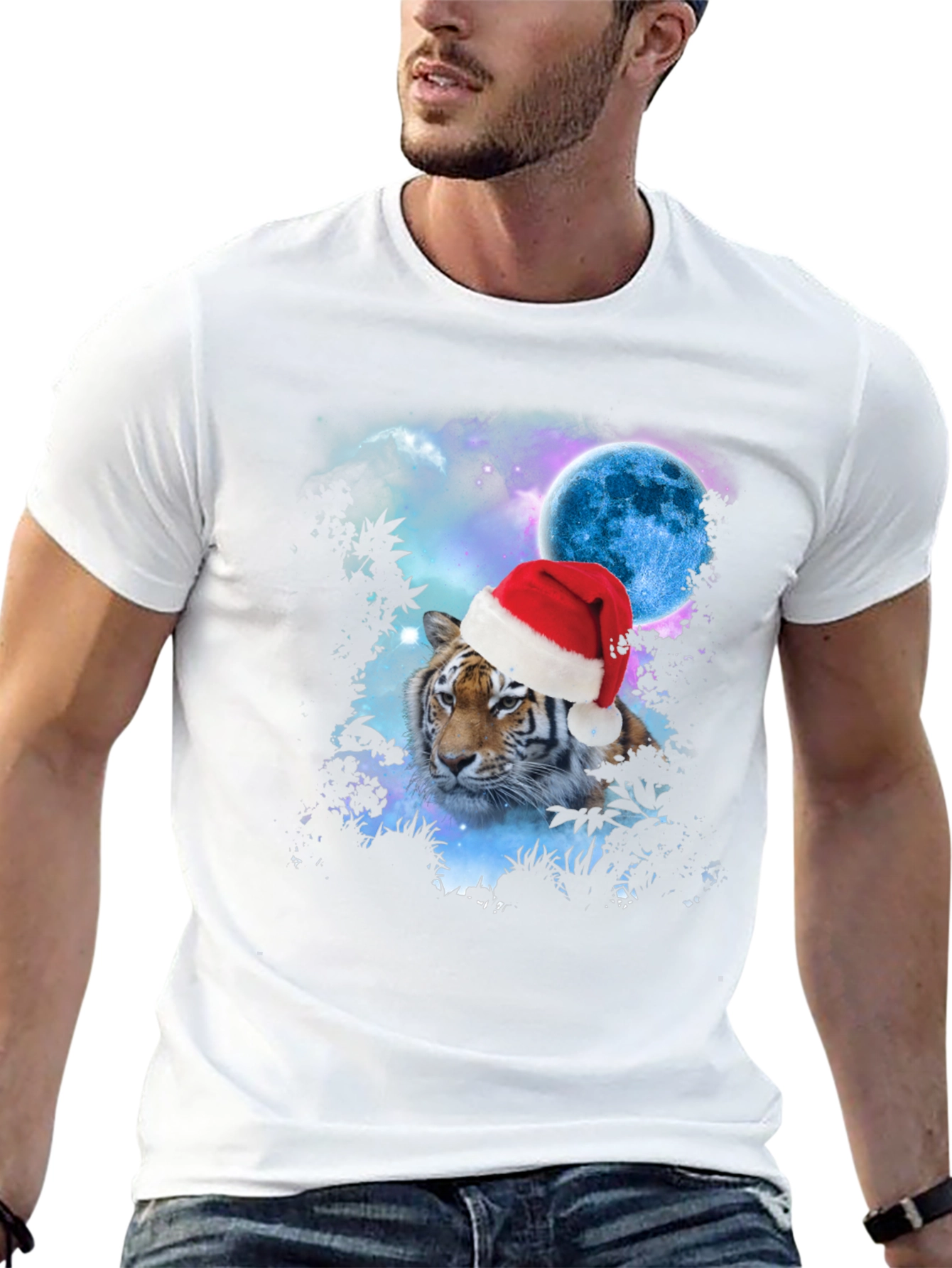 Tiger Santa Hat Galaxy Black T-Shirt