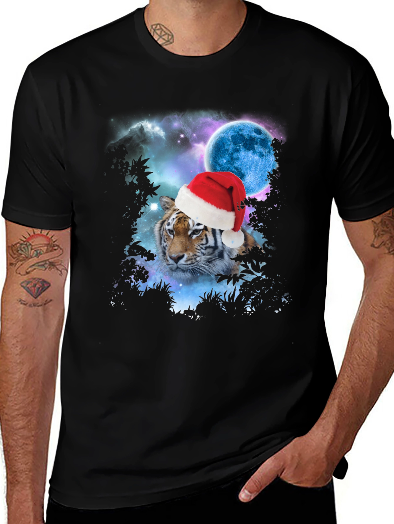 Tiger Santa Hat Galaxy Black T-Shirt