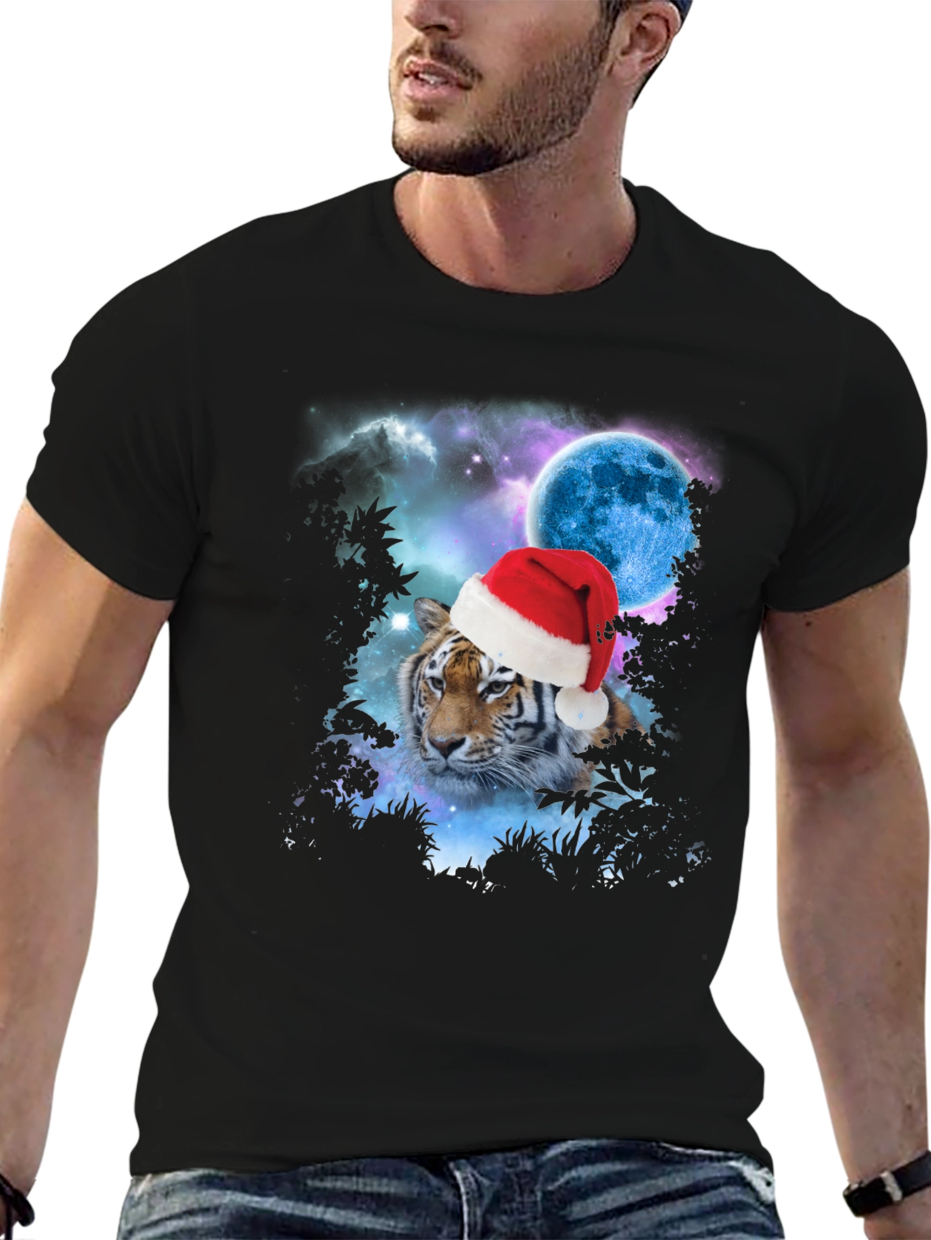 Tiger Santa Hat Galaxy Black T-Shirt