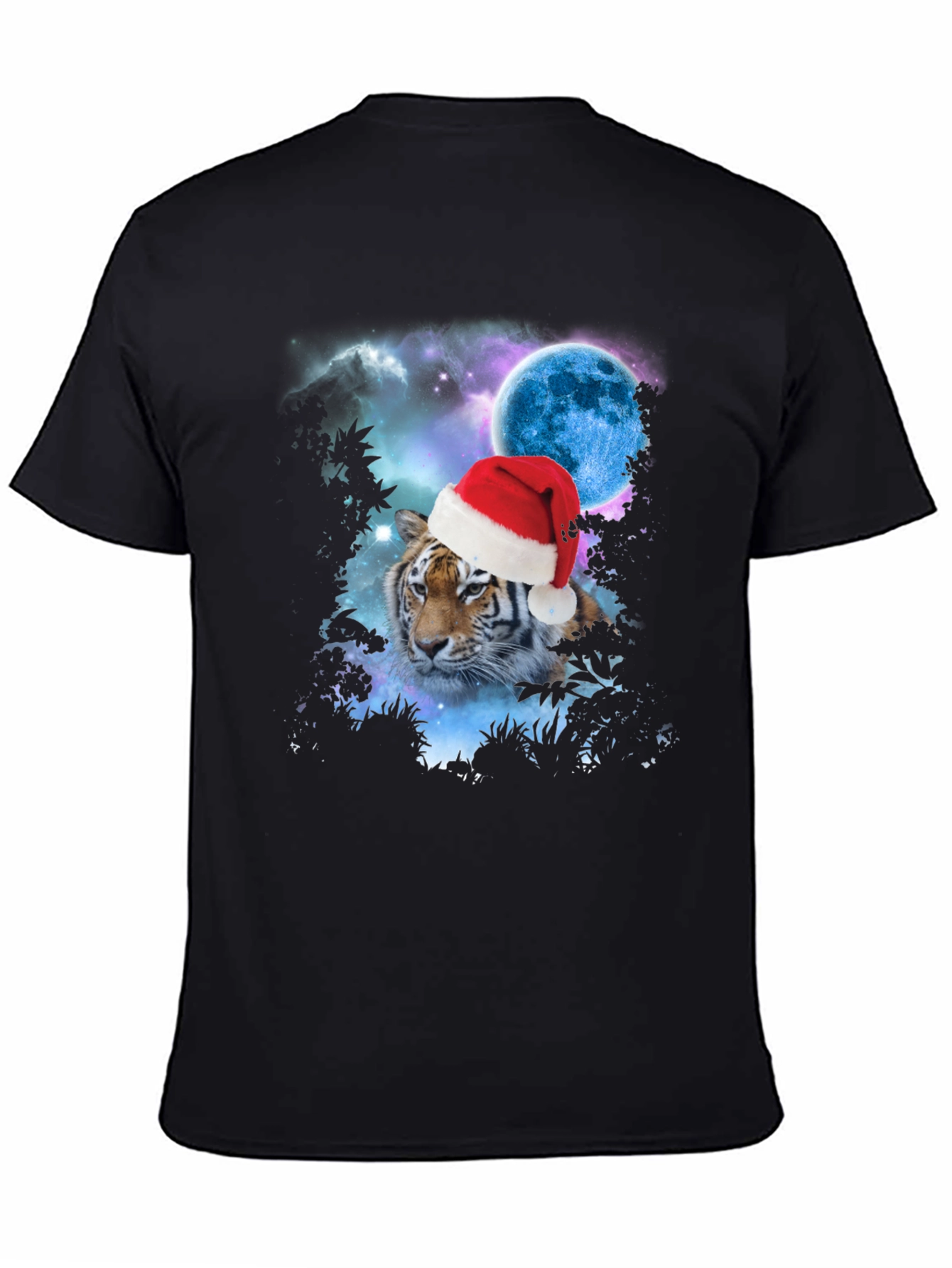 Tiger Santa Hat Galaxy Black T-Shirt