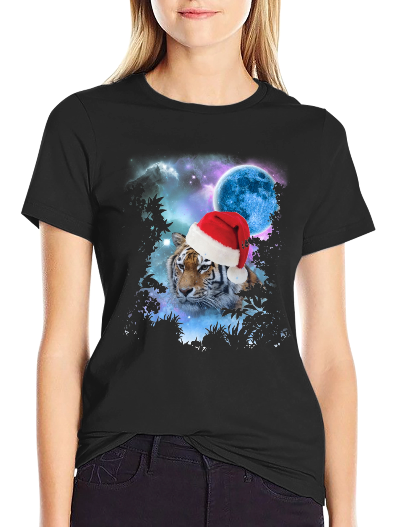 Tiger Santa Hat Galaxy Black T-Shirt