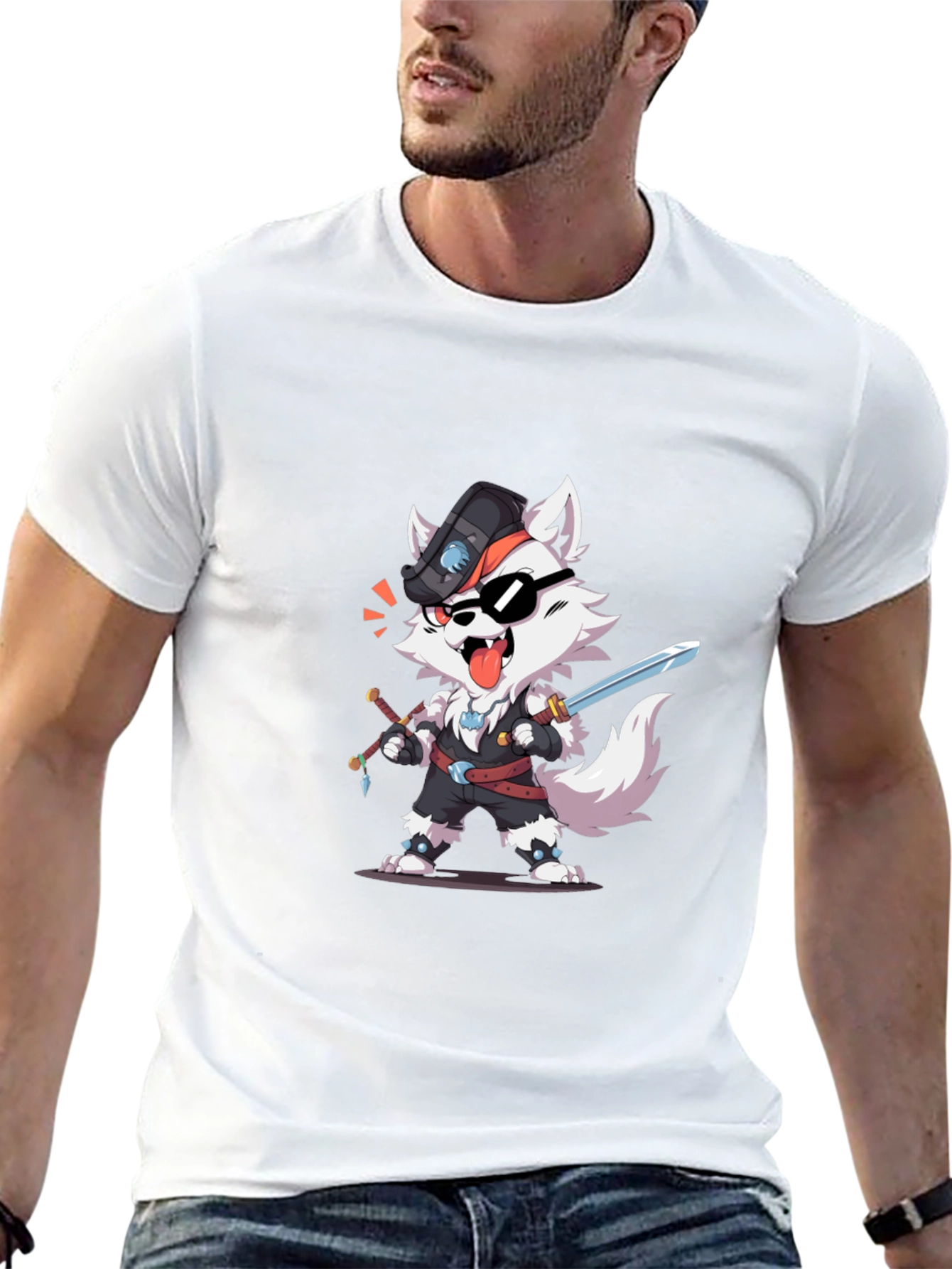 Cool Cartoon Wolf Pirate Graphic T-Shirt
