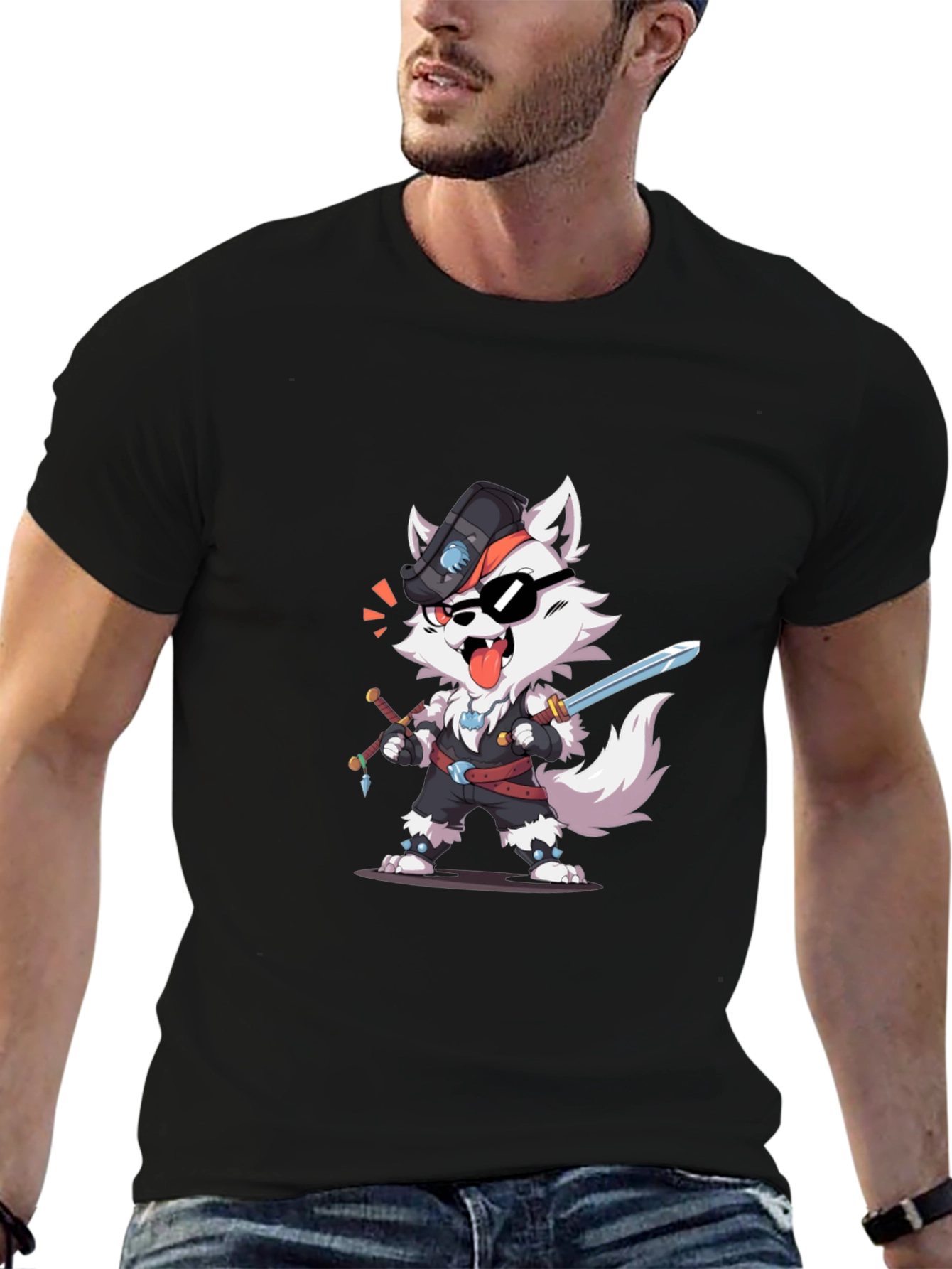 Cool Cartoon Wolf Pirate Graphic T-Shirt