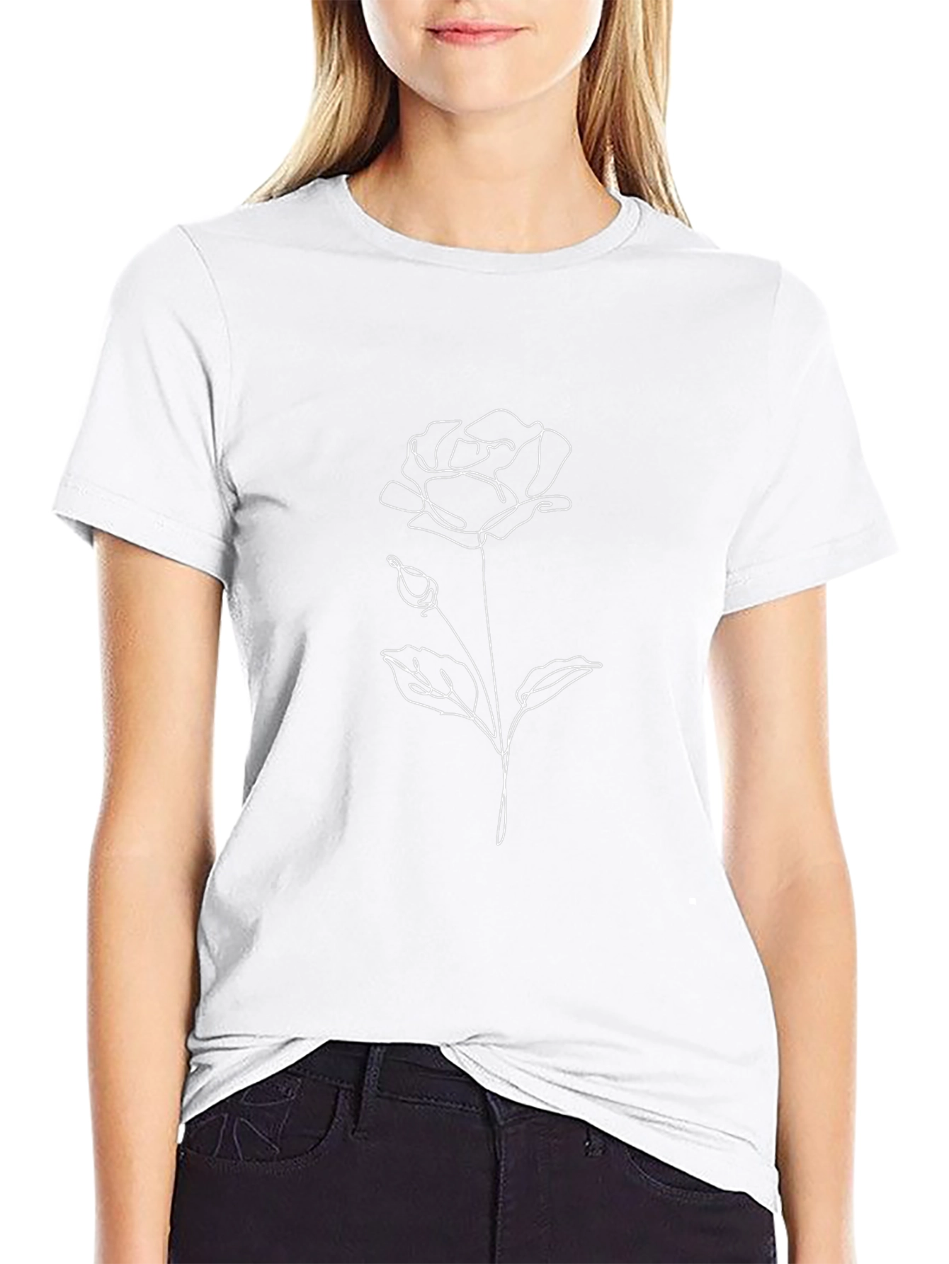 Minimalist Rose Line Art T-Shirt - Black