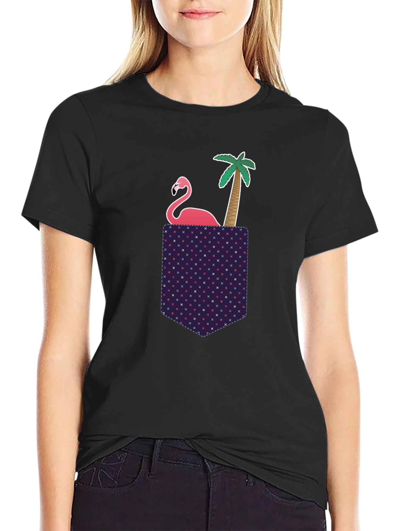 Novelty Flamingo Pocket T-Shirt - Tropical Palm Tee