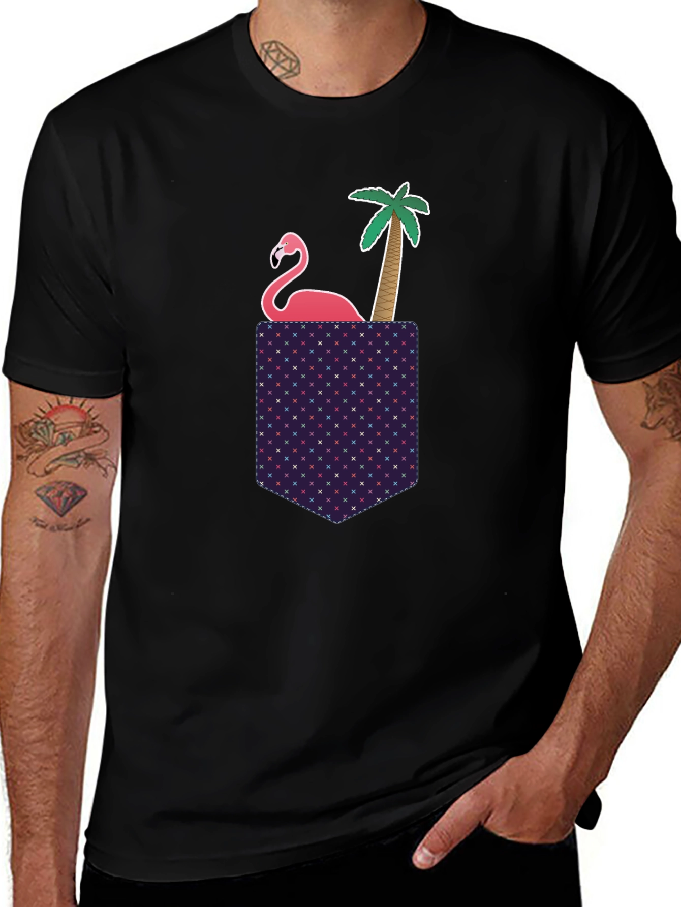 Novelty Flamingo Pocket T-Shirt - Tropical Palm Tee