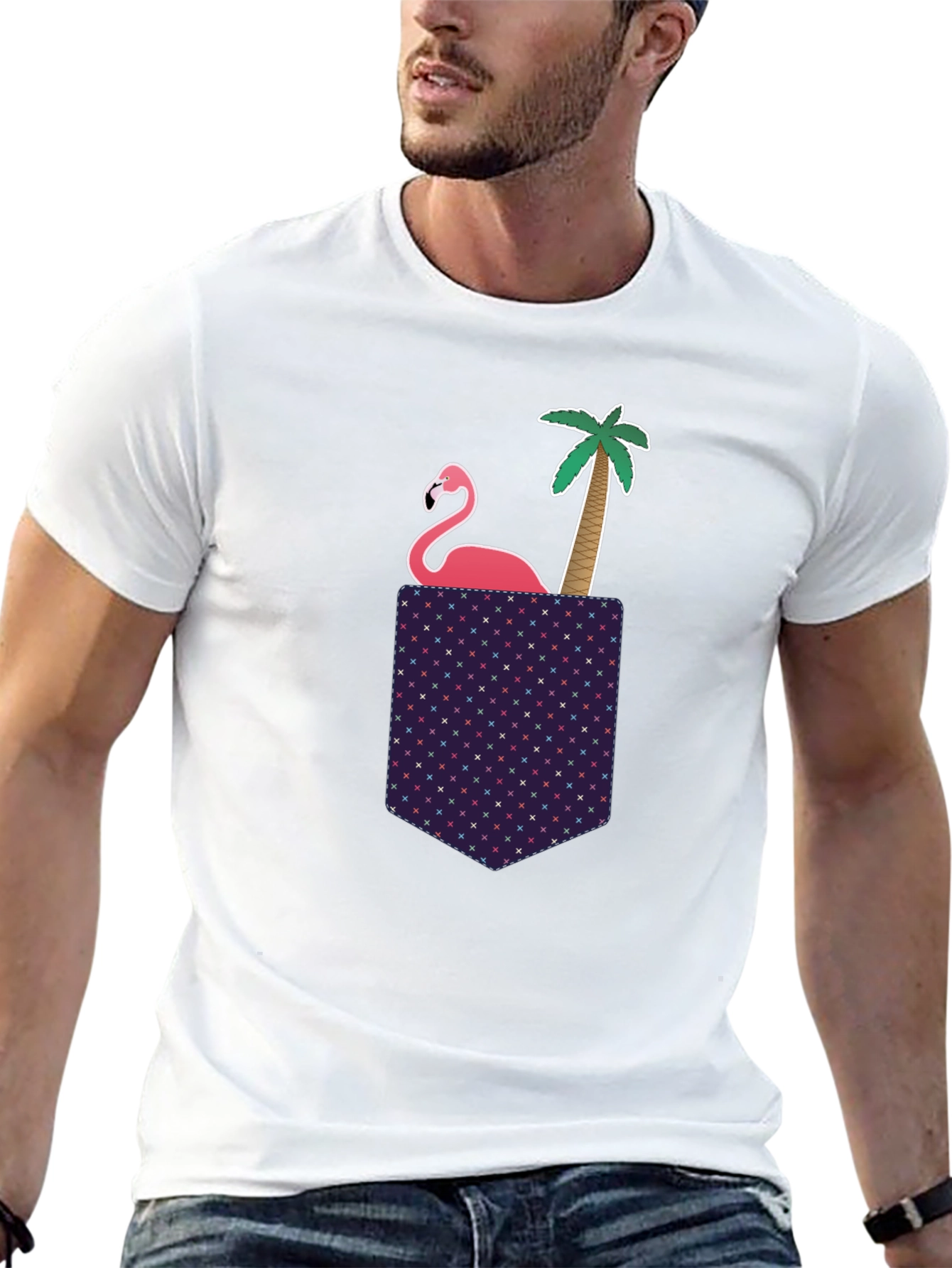 Novelty Flamingo Pocket T-Shirt - Tropical Palm Tee