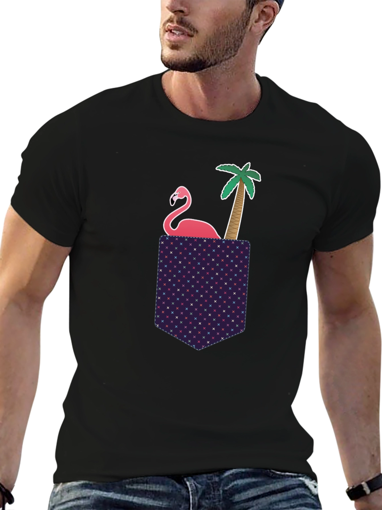 Novelty Flamingo Pocket T-Shirt - Tropical Palm Tee