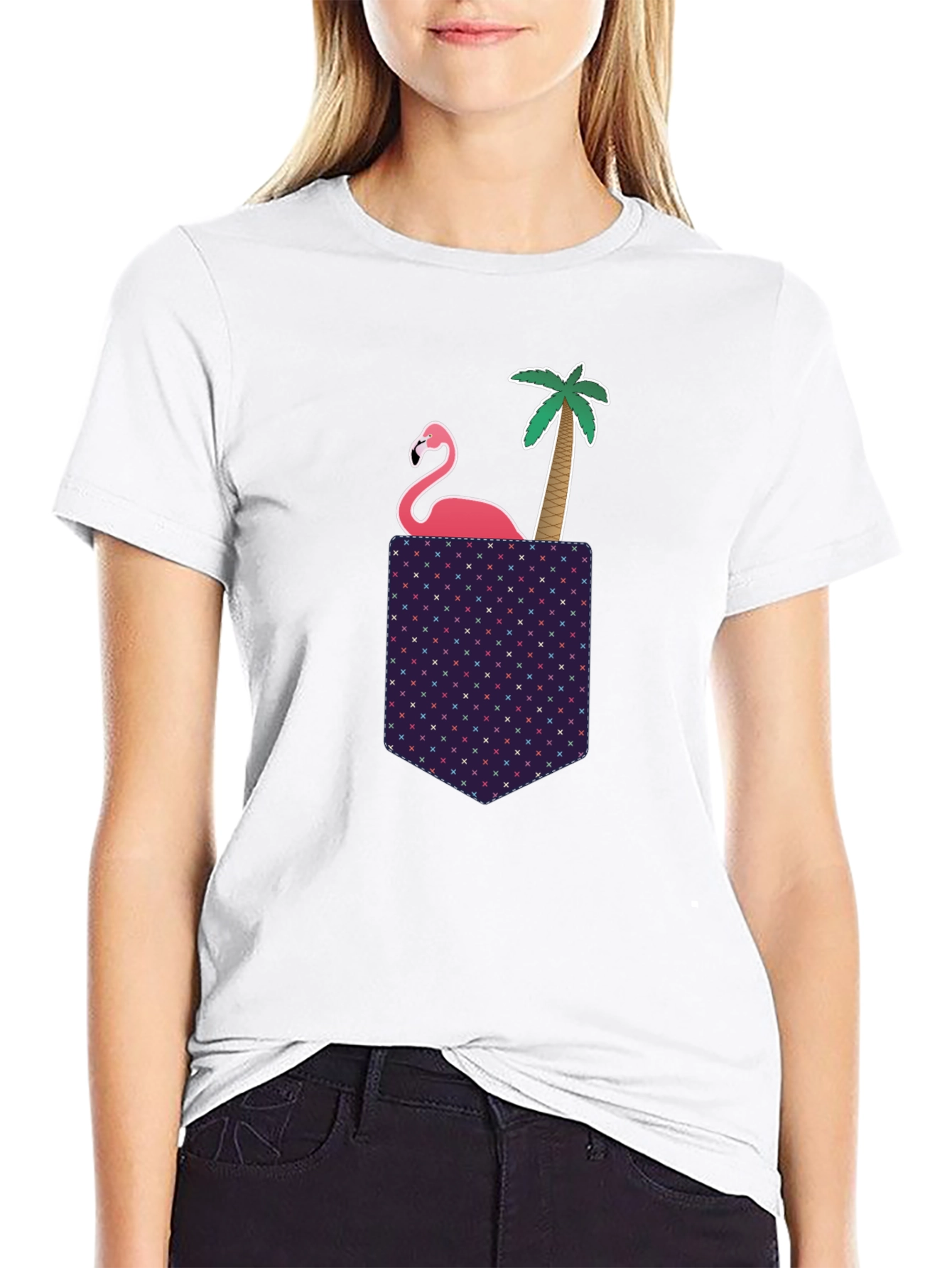 Novelty Flamingo Pocket T-Shirt - Tropical Palm Tee