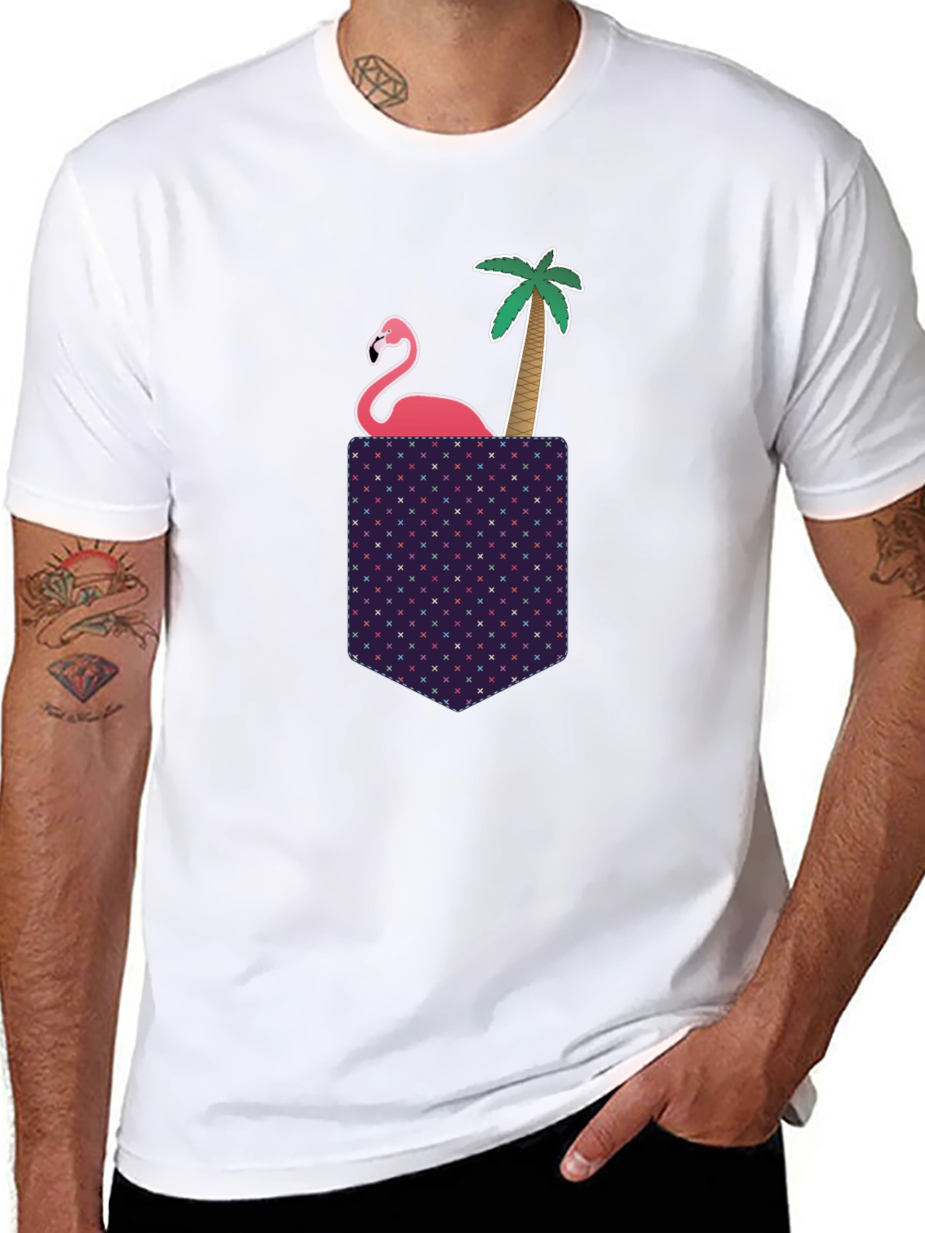 Novelty Flamingo Pocket T-Shirt - Tropical Palm Tee