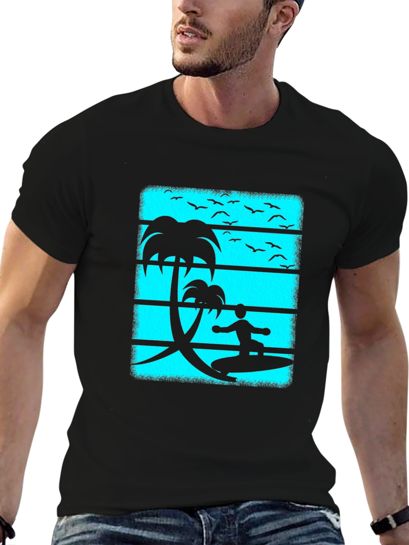 Surfer Graphic Tee - Black Cotton Beach Vibes T-Shirt