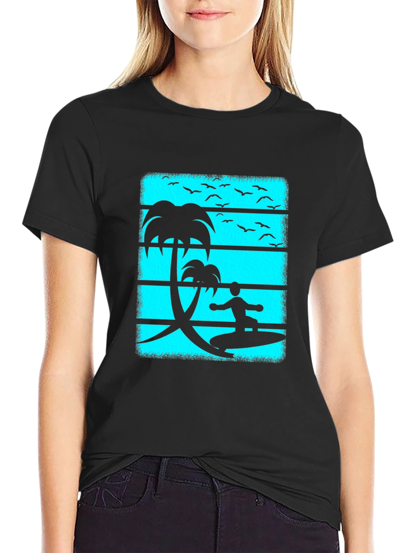 Surfer Graphic Tee - Black Cotton Beach Vibes T-Shirt