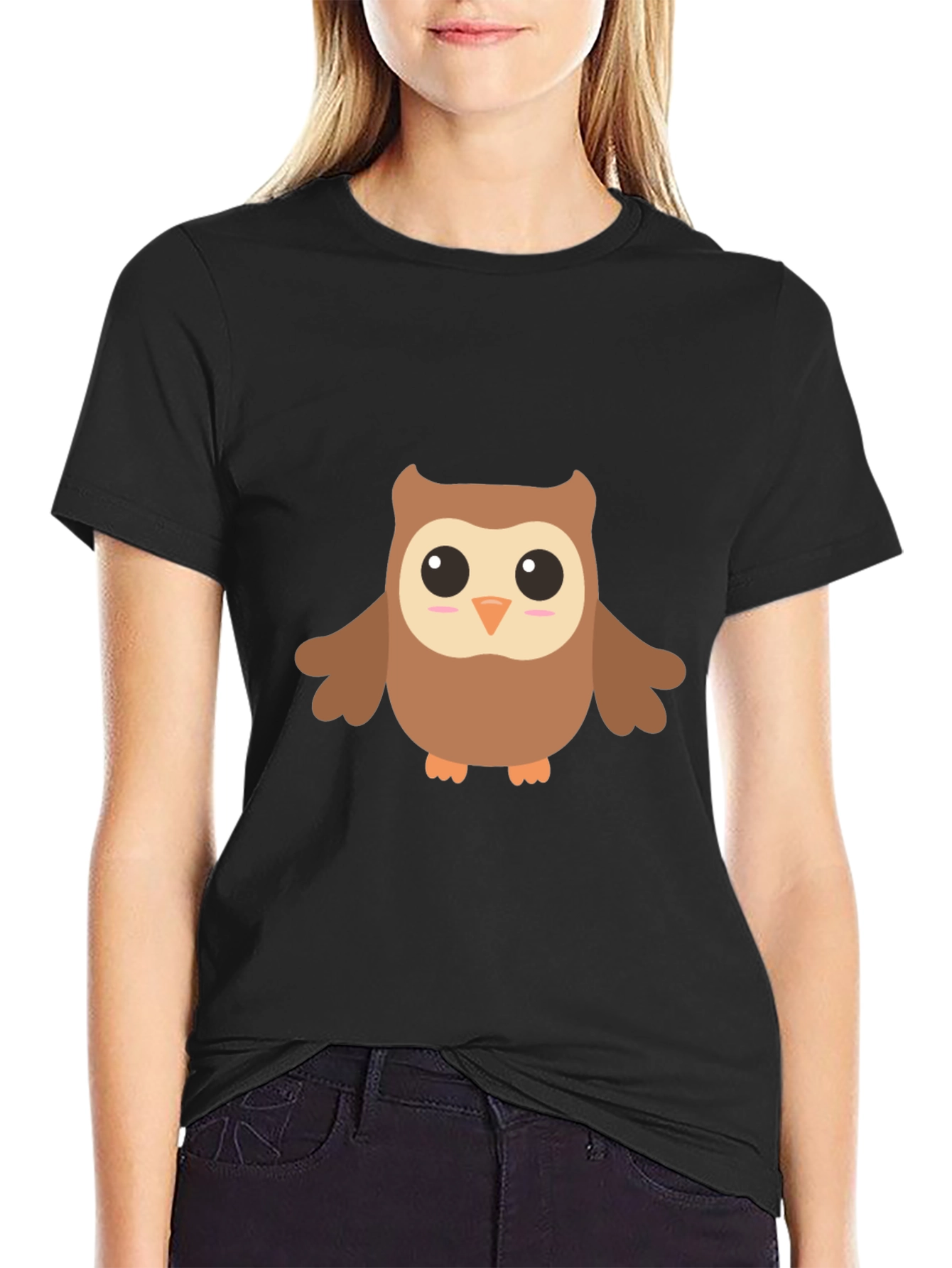 Cute Cartoon Owl Graphic Black T-Shirt
