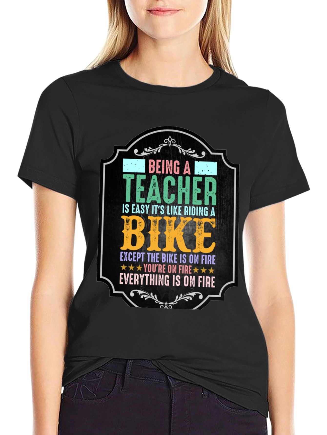 Funny Teacher T-Shirt: Riding a Bike on Fire