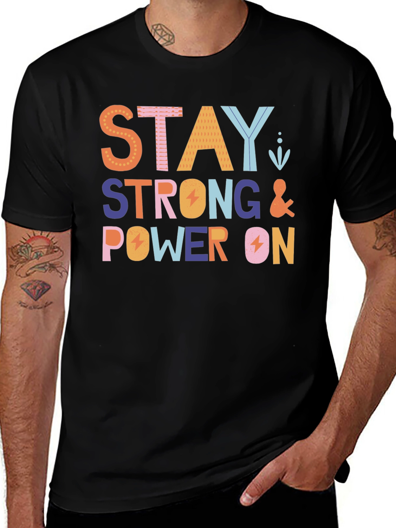 Stay Strong Power On Graphic Tee - Black