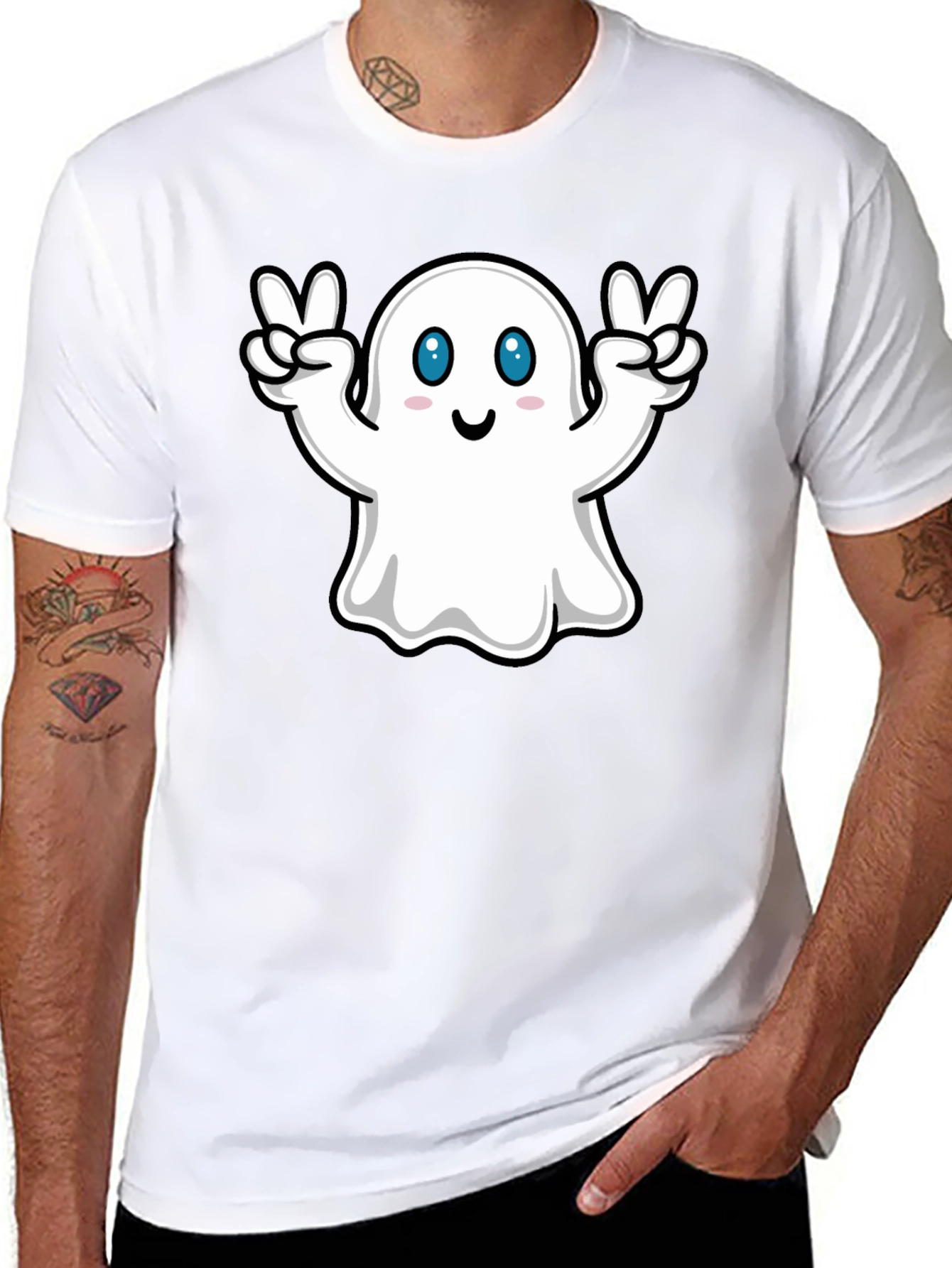 Cute Ghost Peace Sign Black T-Shirt
