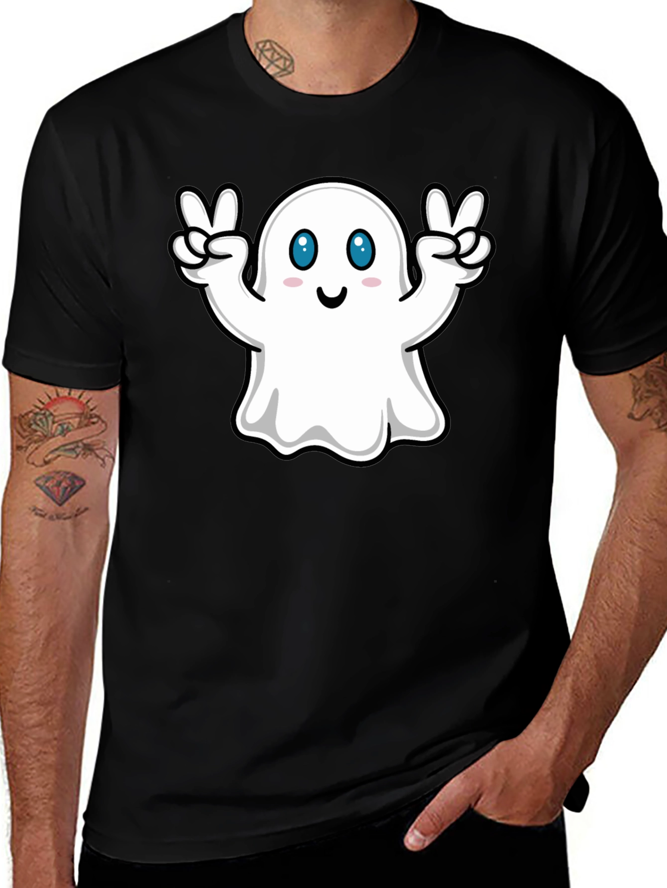 Cute Ghost Peace Sign Black T-Shirt