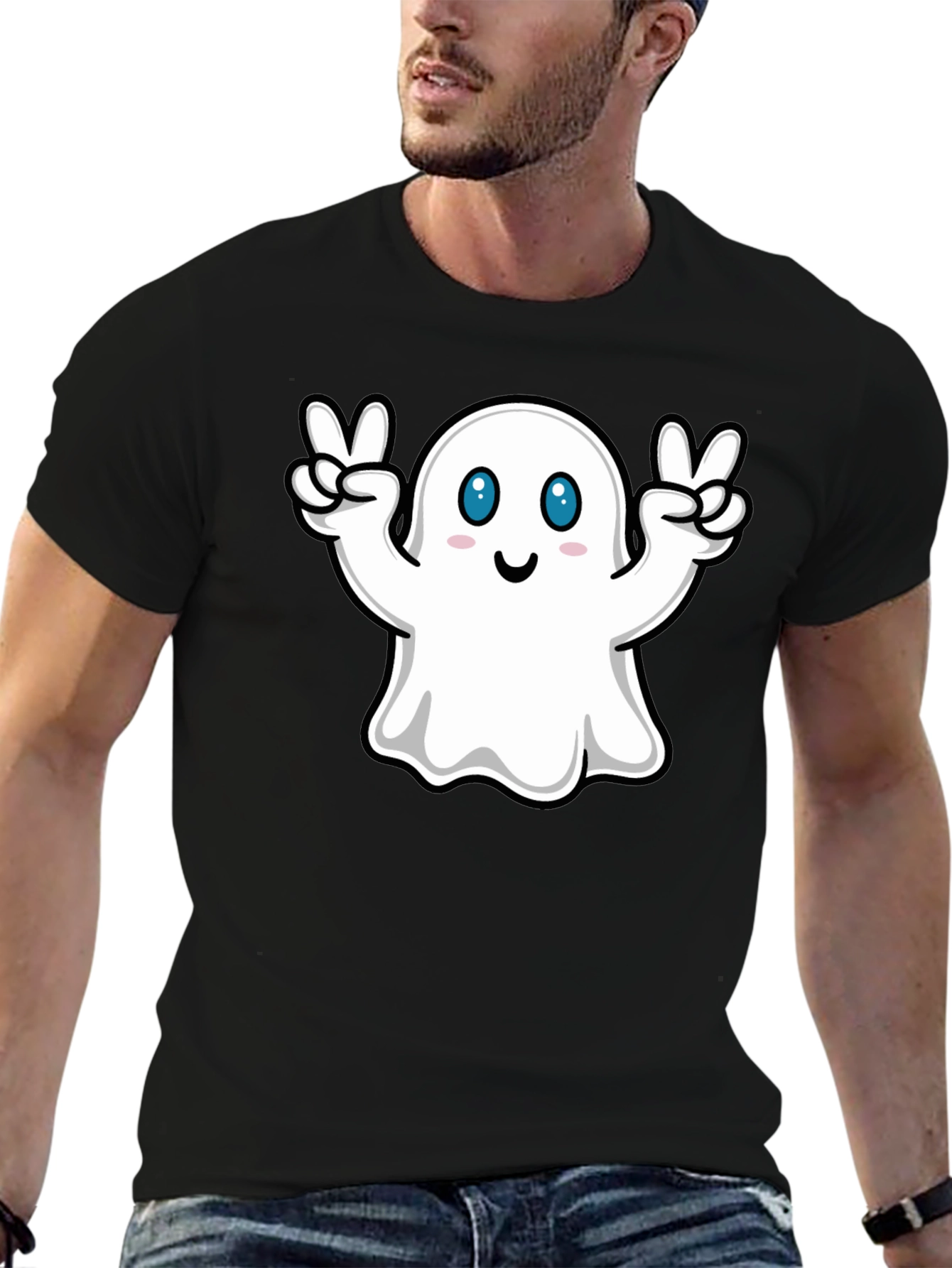 Cute Ghost Peace Sign Black T-Shirt