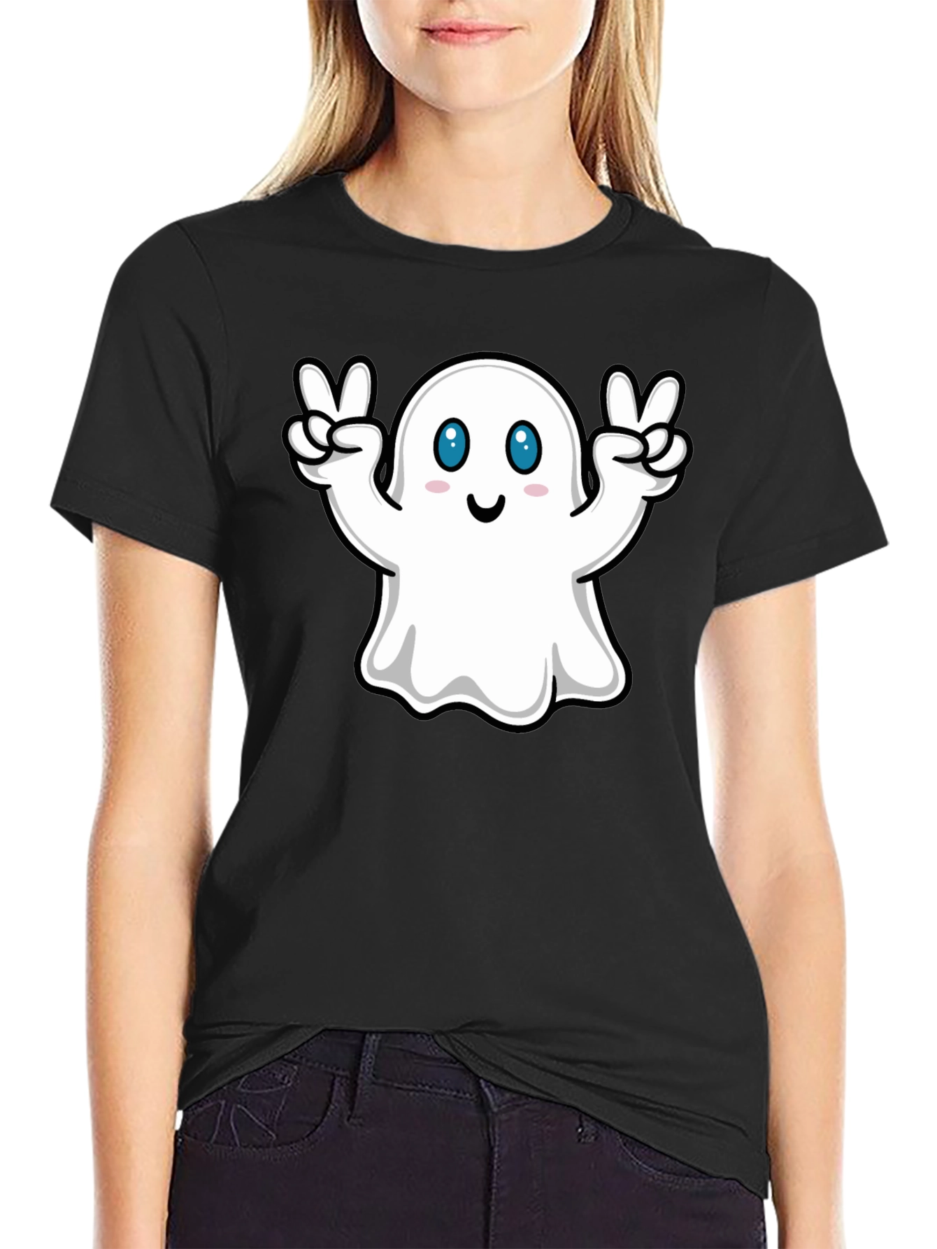 Cute Ghost Peace Sign Black T-Shirt