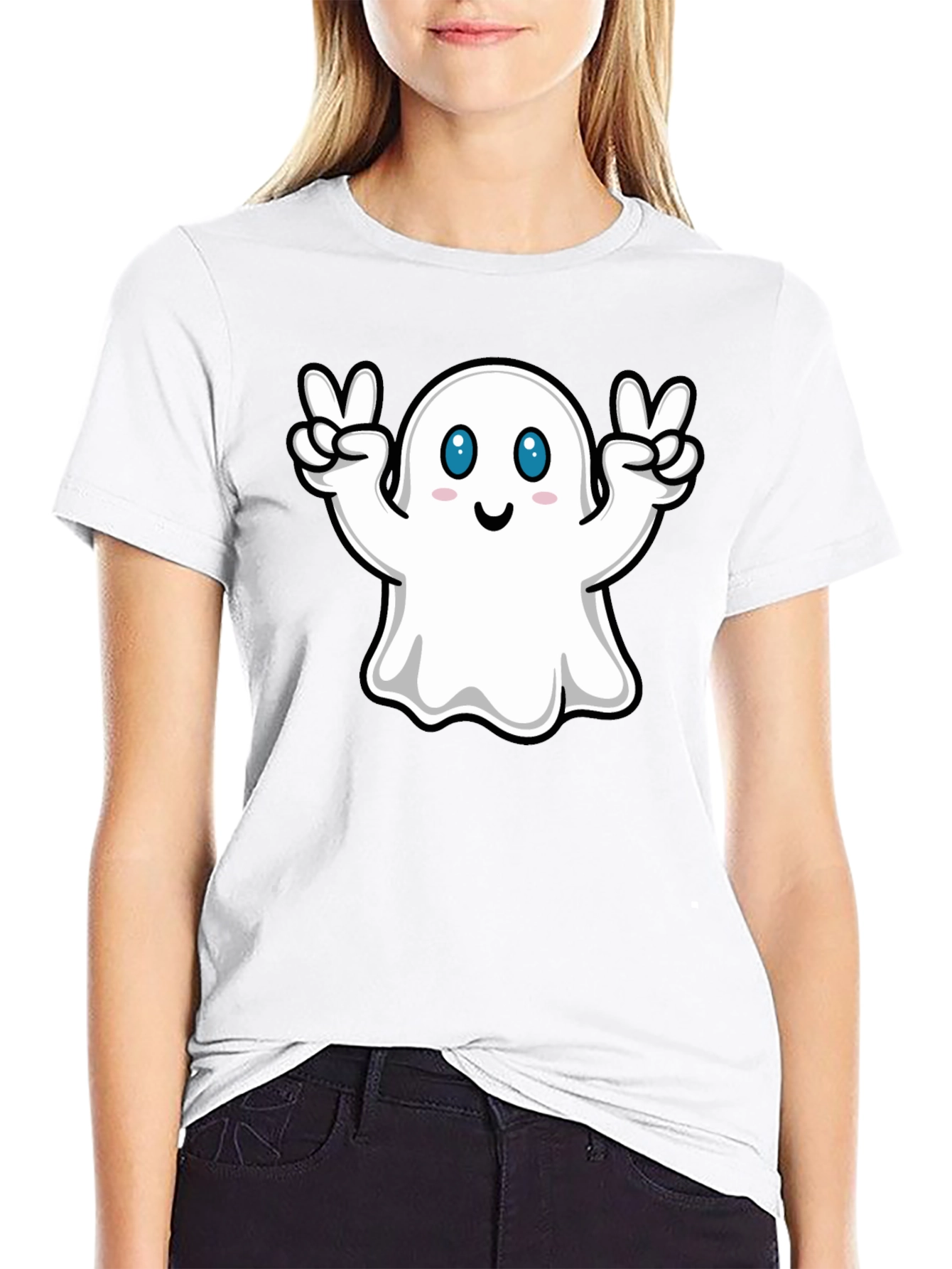 Cute Ghost Peace Sign Black T-Shirt
