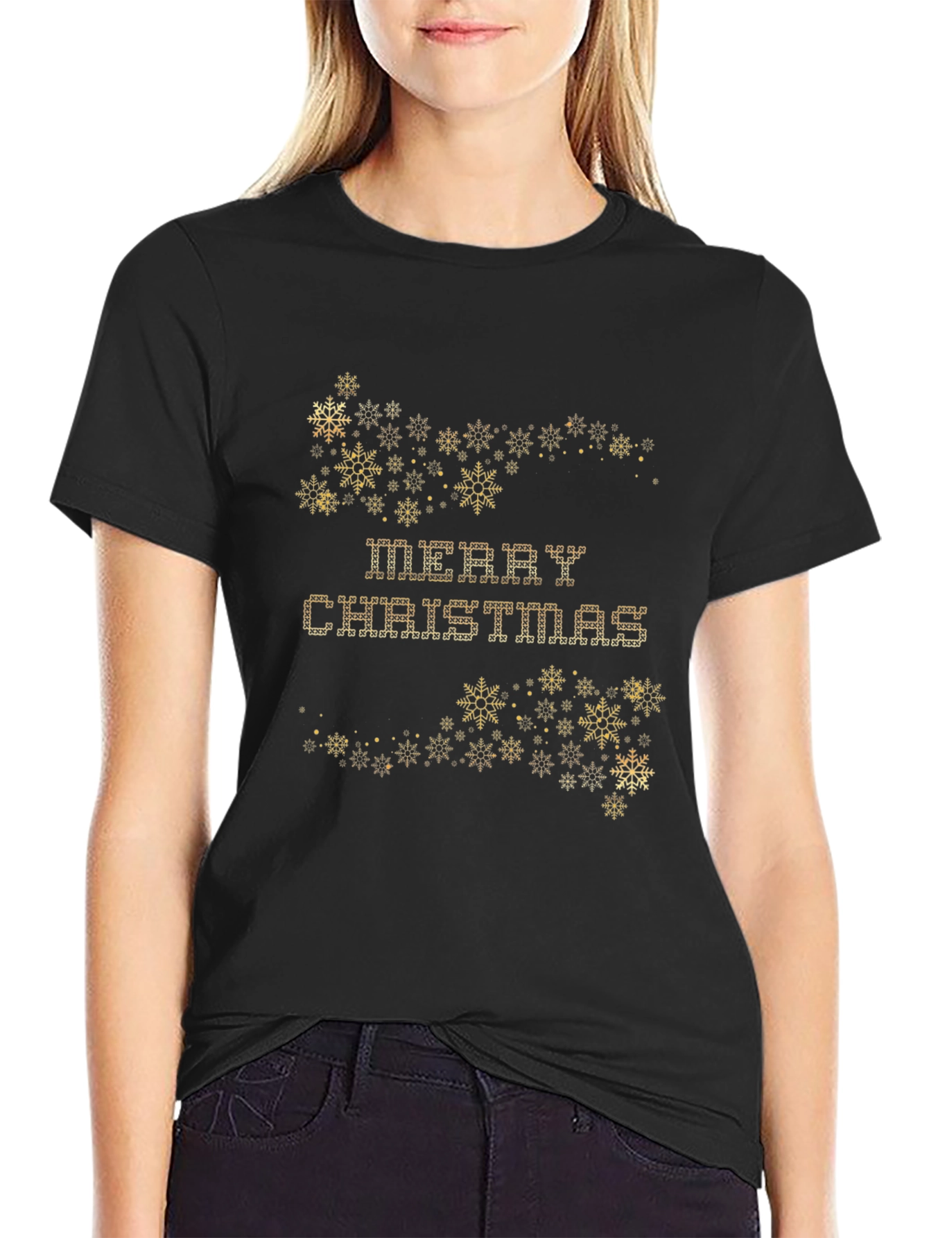 Festive Merry Christmas Snowflake Graphic Tee - Black