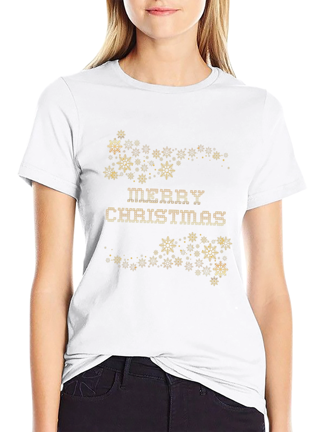 Festive Merry Christmas Snowflake Graphic Tee - Black