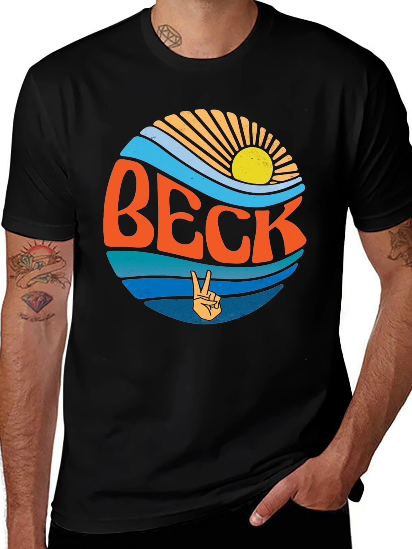 Retro BECK Graphic T-Shirt - Black Crew Neck