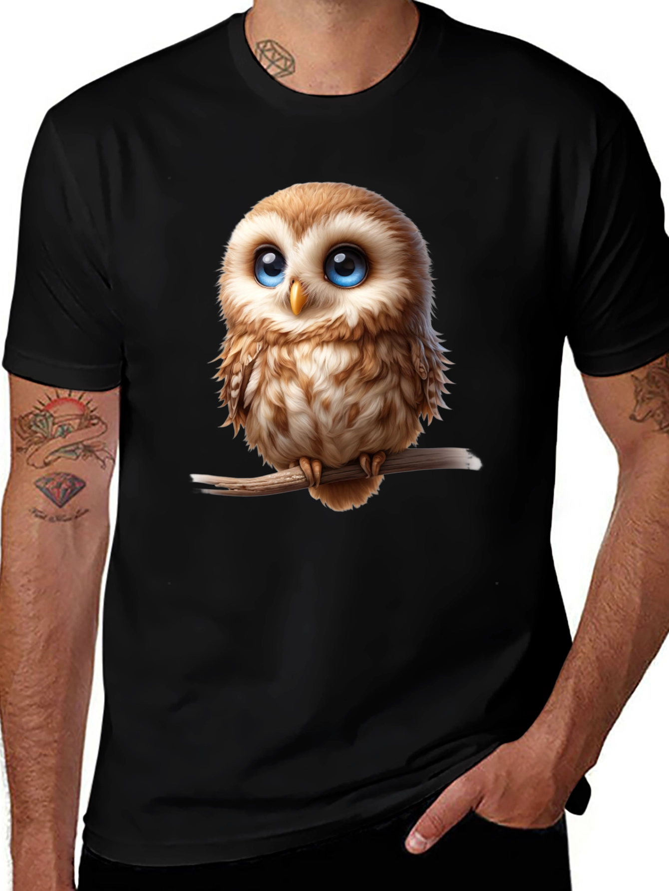 Cute Owl Graphic Tee - Mens Black T-Shirt