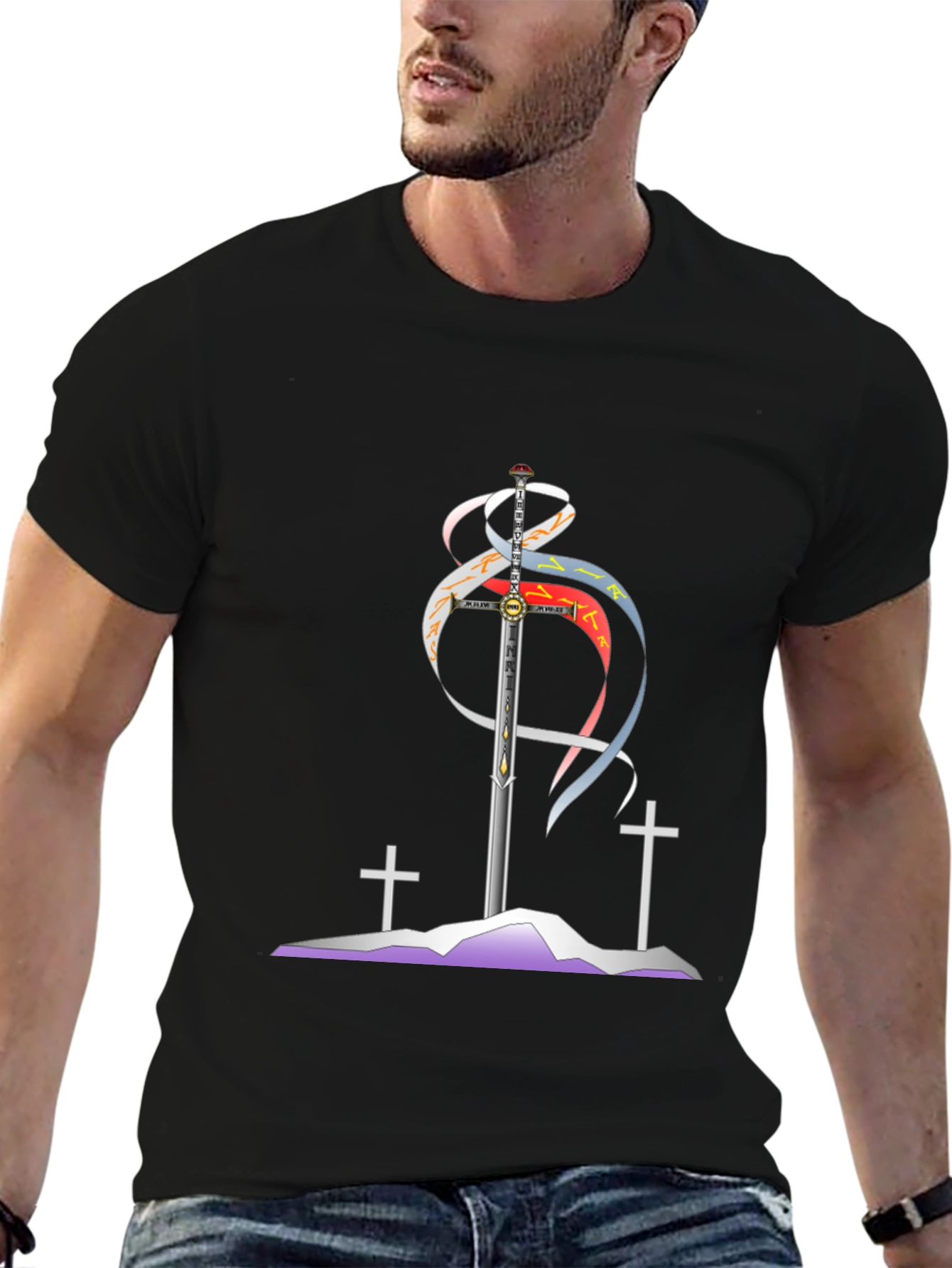 Sword and Crosses Graphic Black T-Shirt