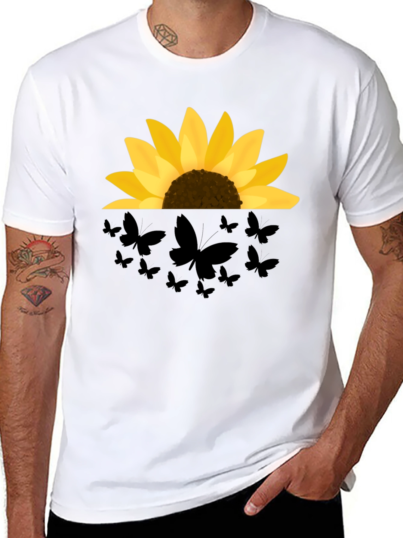 Sunflower Butterfly Graphic Black T-Shirt
