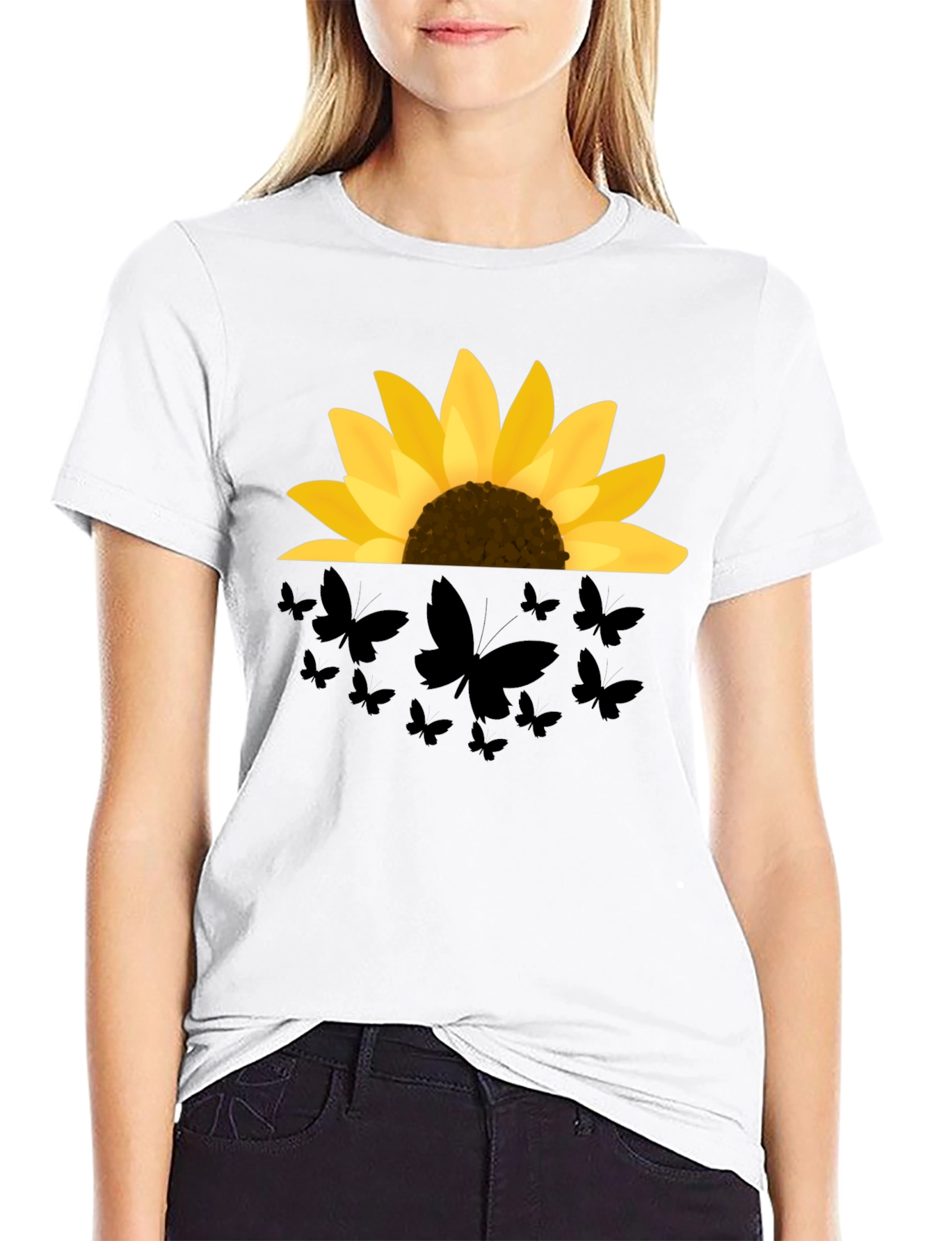 Sunflower Butterfly Graphic Black T-Shirt
