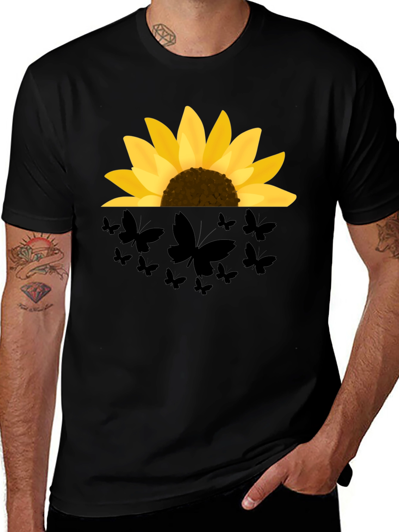 Sunflower Butterfly Graphic Black T-Shirt