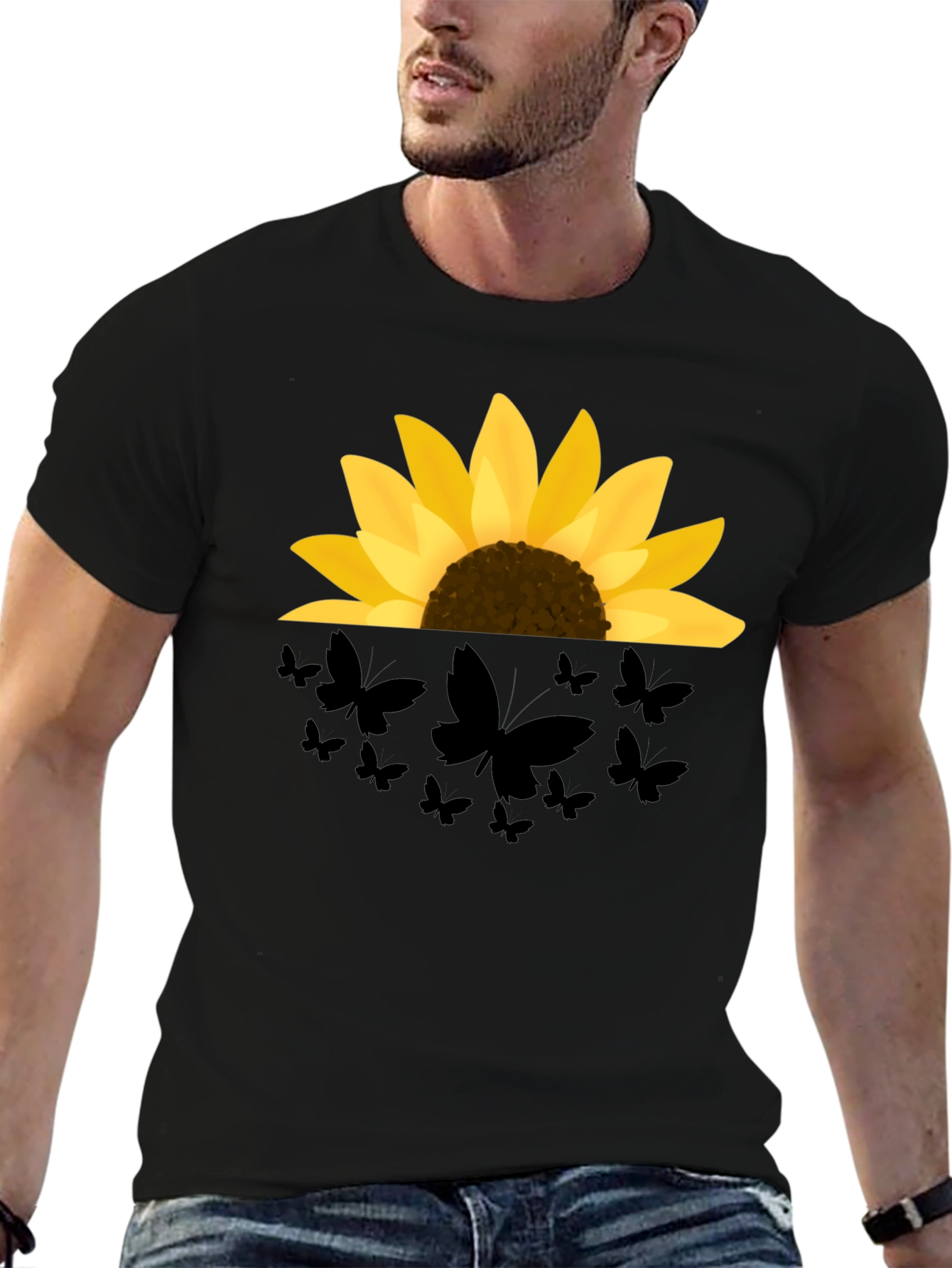 Sunflower Butterfly Graphic Black T-Shirt