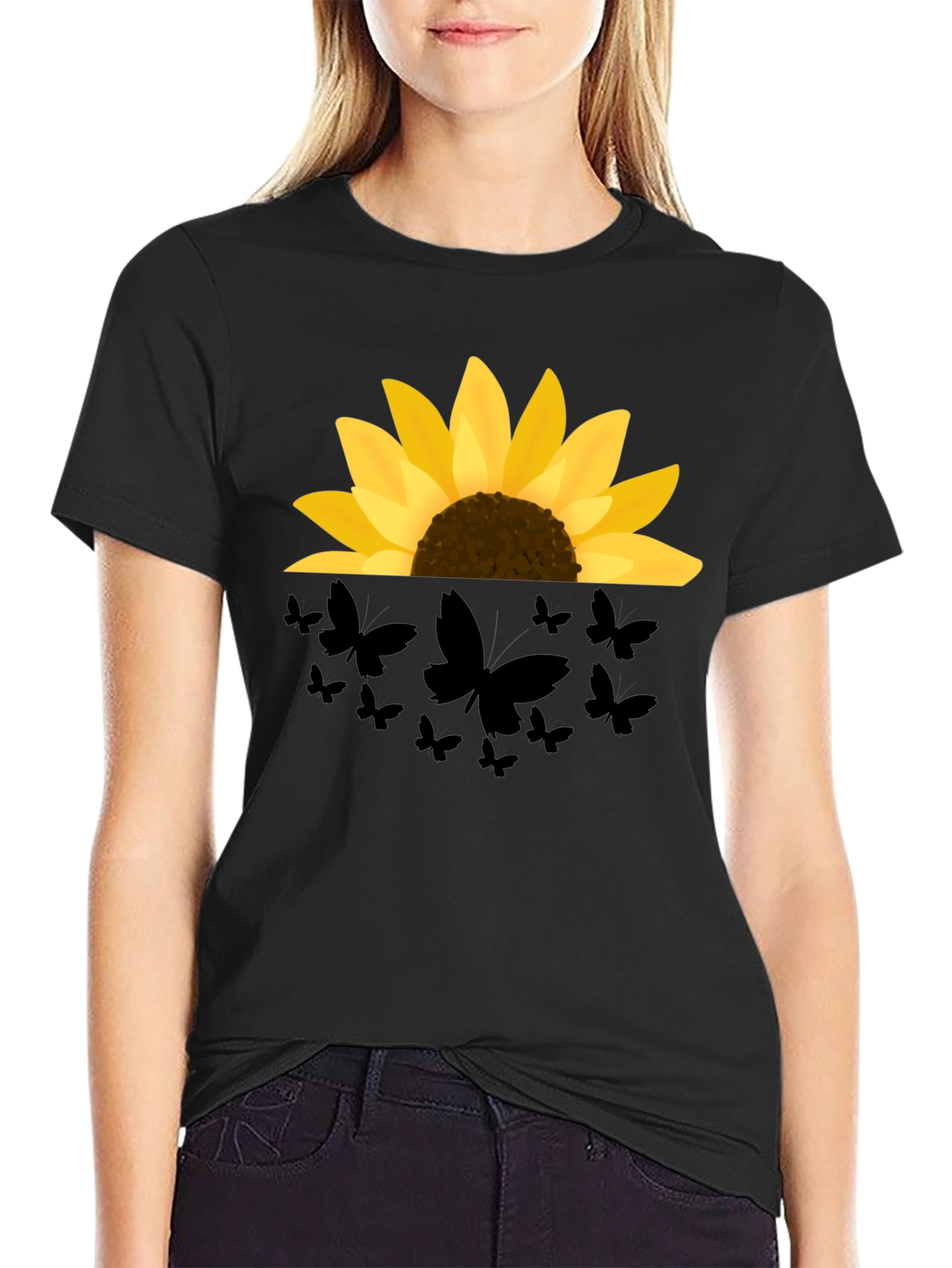 Sunflower Butterfly Graphic Black T-Shirt