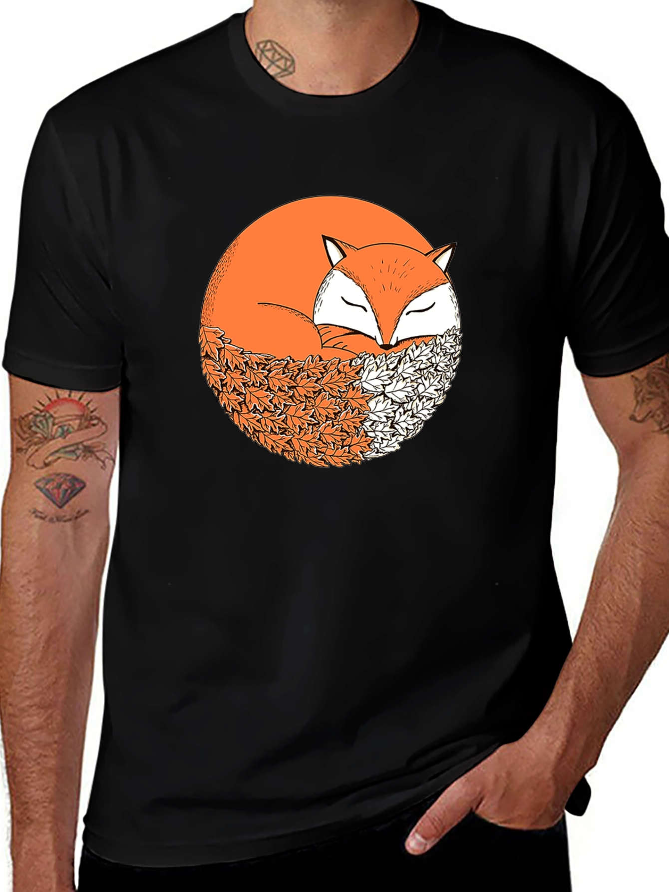 Fox in Leaves Graphic Tee - Mens Black T-Shirt