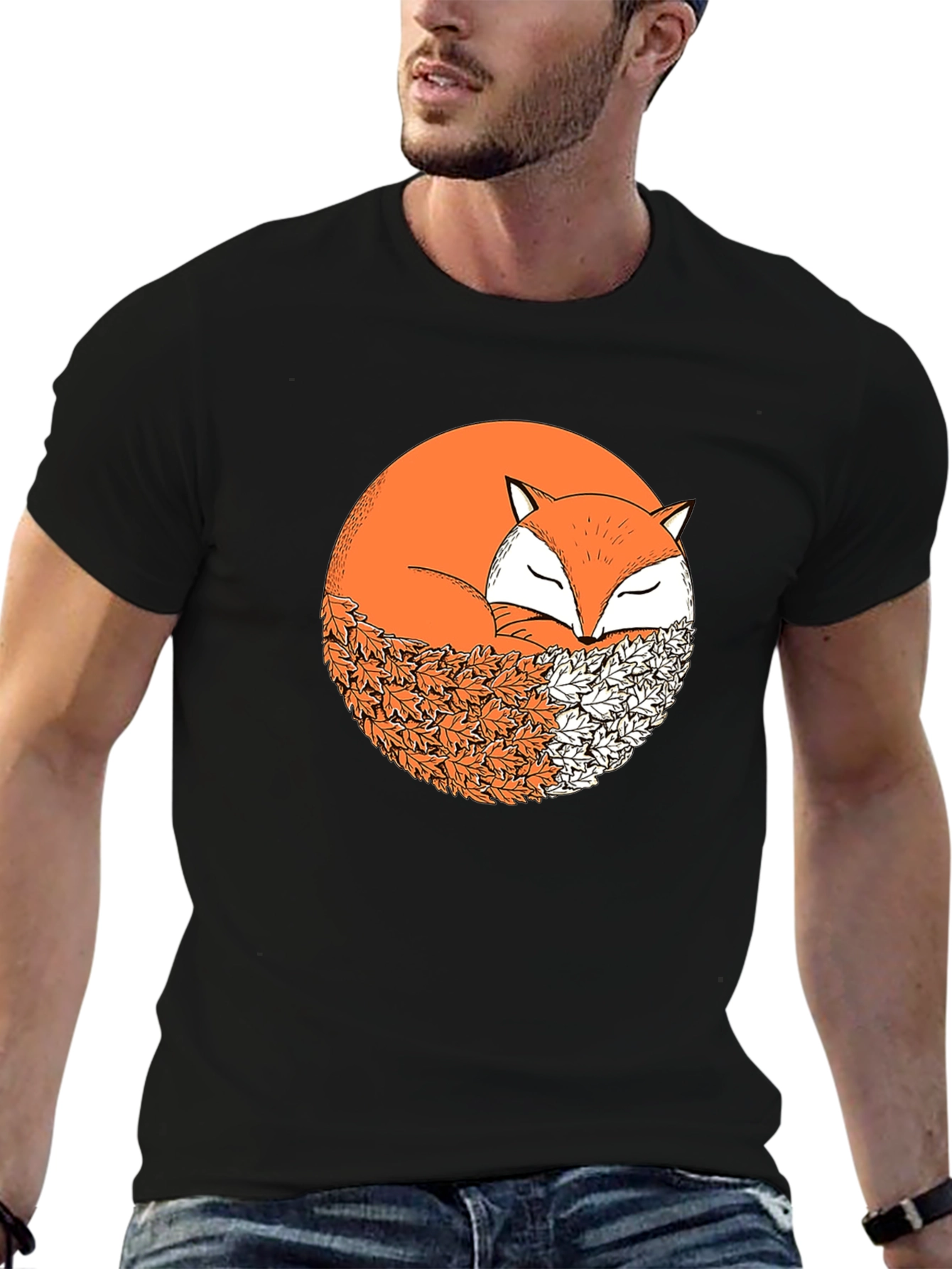 Fox in Leaves Graphic Tee - Mens Black T-Shirt