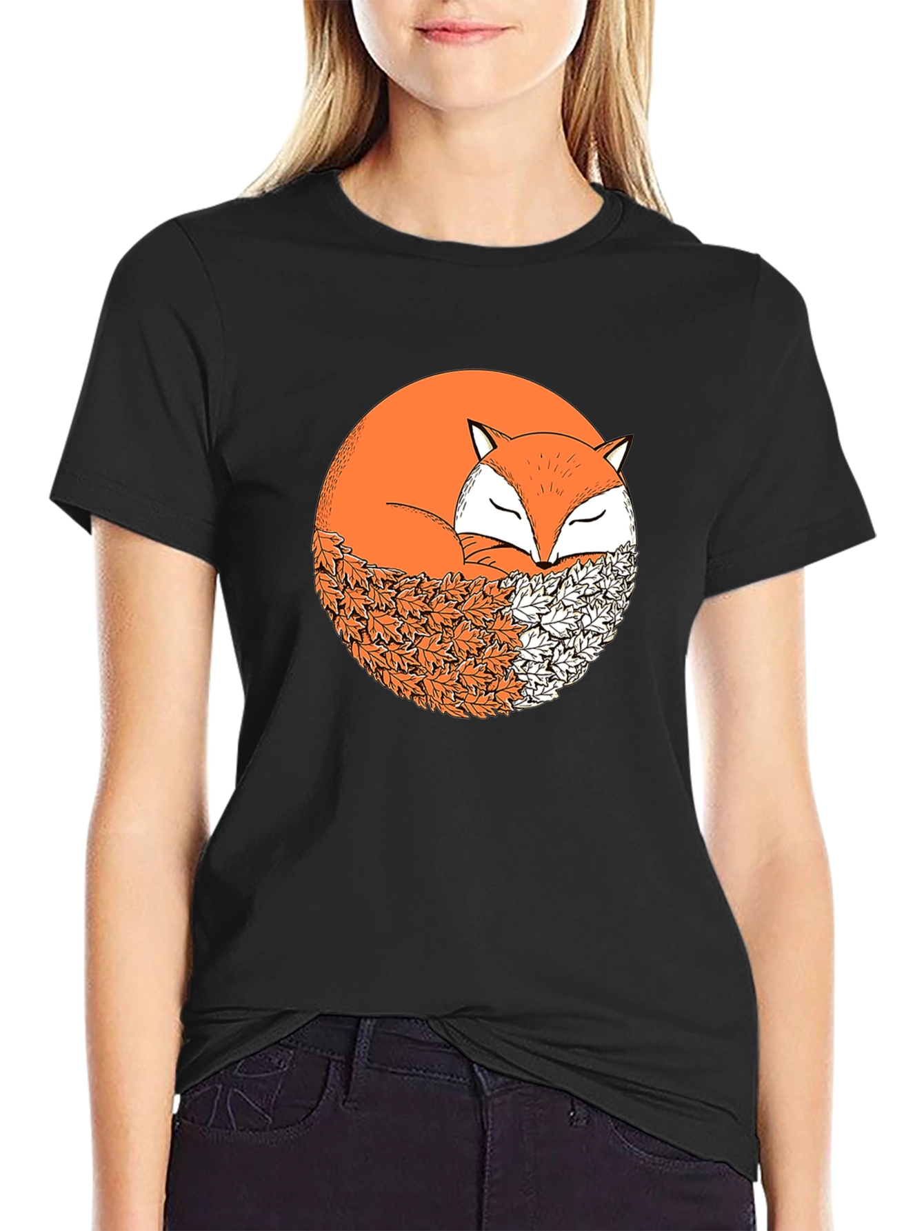 Fox in Leaves Graphic Tee - Mens Black T-Shirt