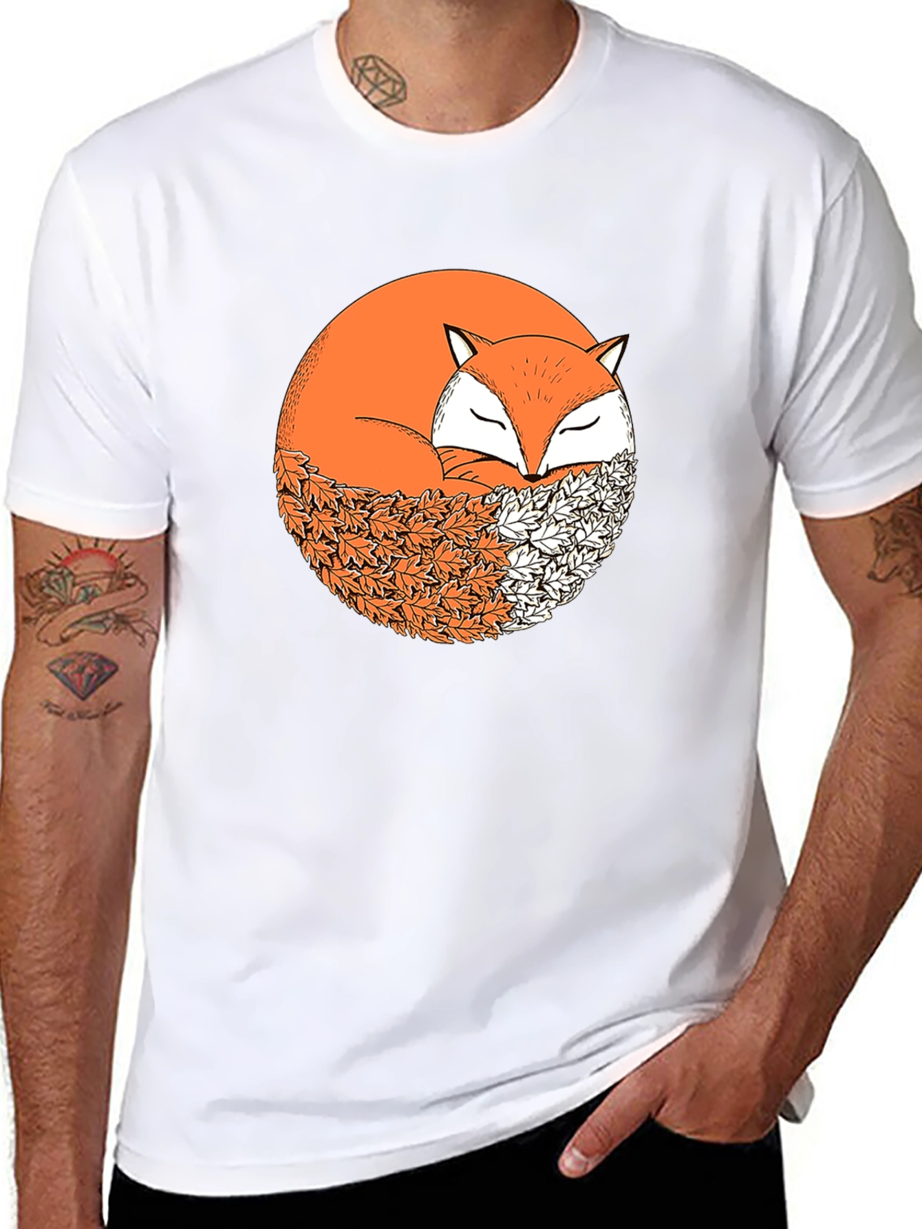 Fox in Leaves Graphic Tee - Mens Black T-Shirt
