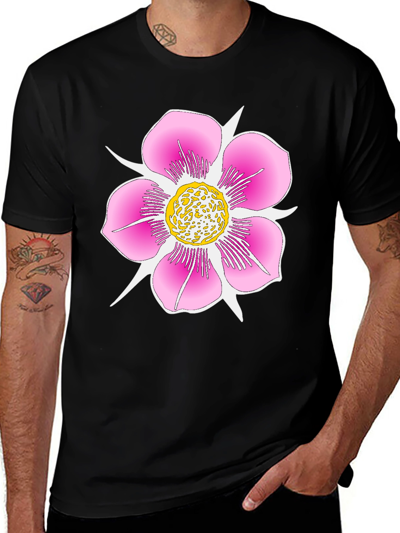 Black T-Shirt with Pink Flower Graphic