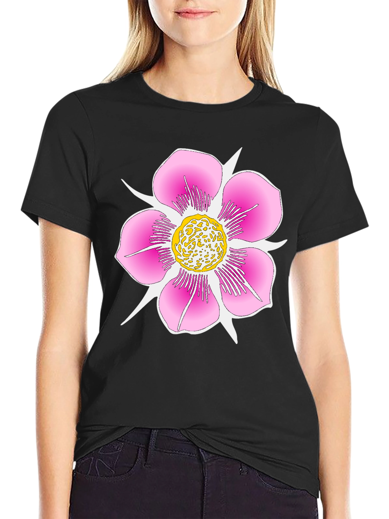 Black T-Shirt with Pink Flower Graphic
