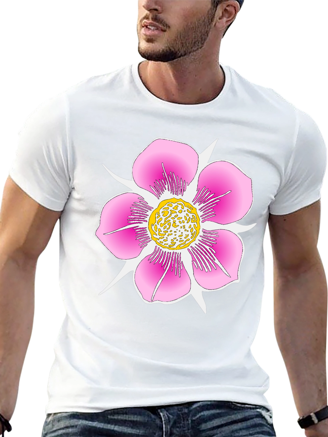 Black T-Shirt with Pink Flower Graphic
