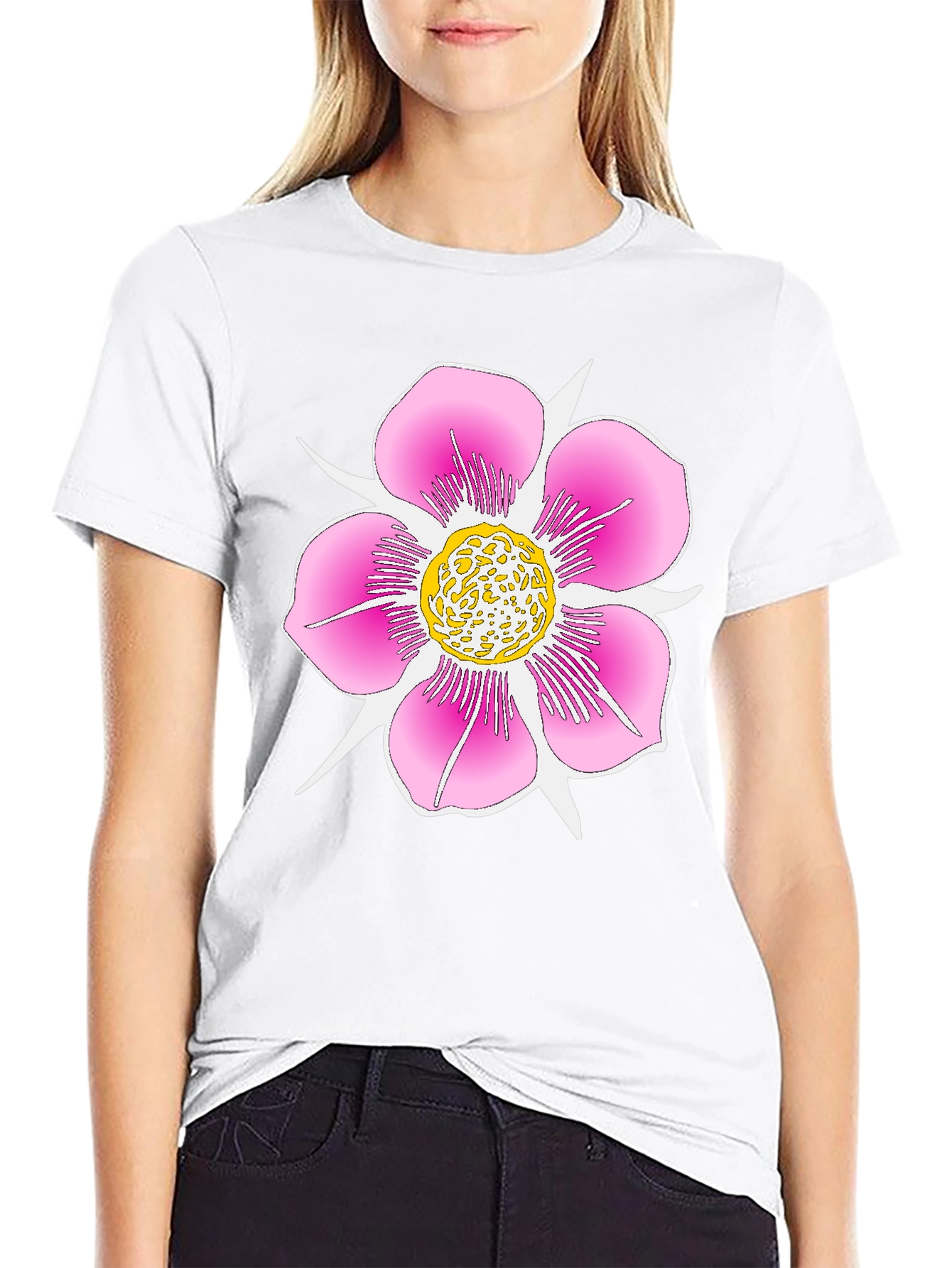 Black T-Shirt with Pink Flower Graphic