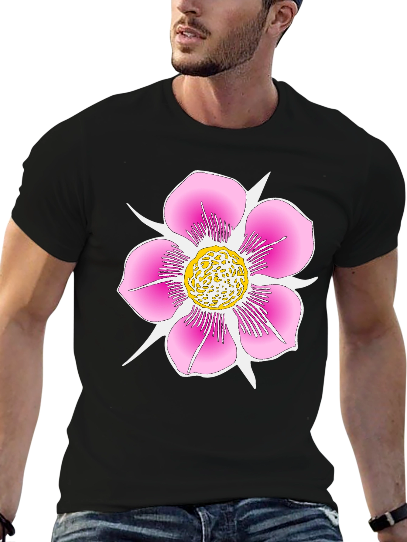 Black T-Shirt with Pink Flower Graphic